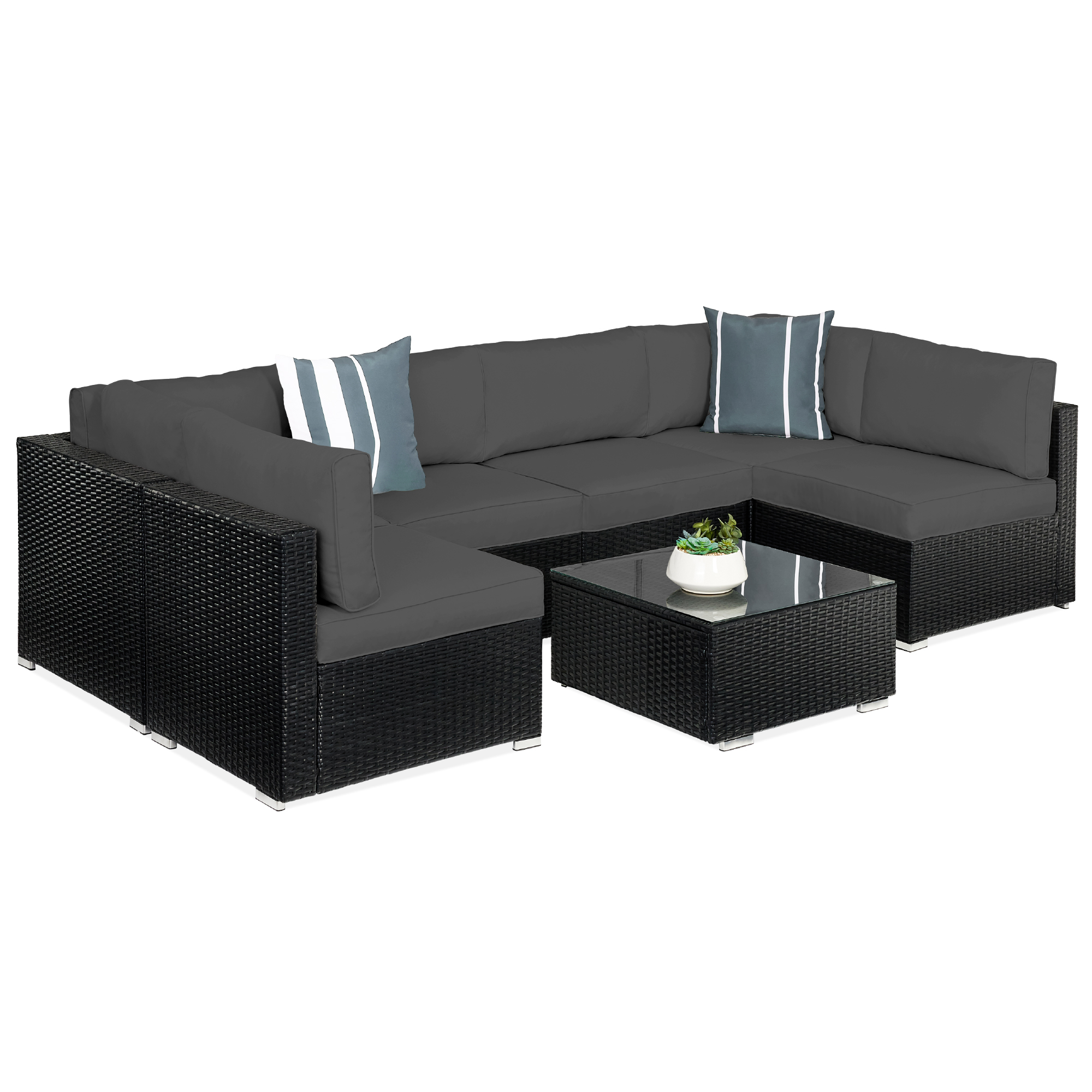7pc Modular Wicker Sectional Sofas & Glass Top Table Outdoor Patio Furniture Set w/ 2 Pillows, Cover - Black/Gray - Best Choice Products Online