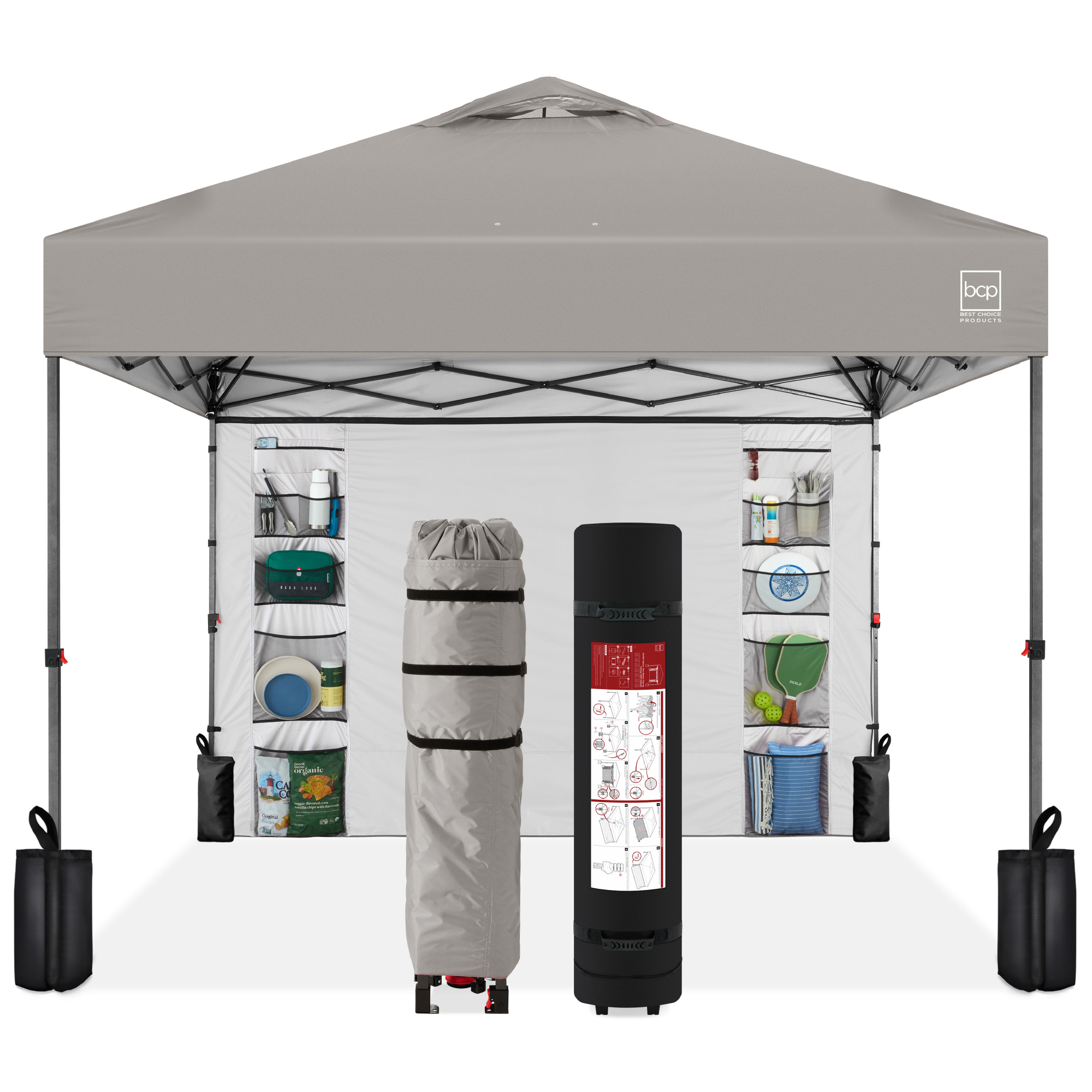 10x10ft Easy Setup Pop Up Canopy, Portable Tent w/ Side Wall, 1-Button Push, Case - Light Gray - Best Choice Products Online