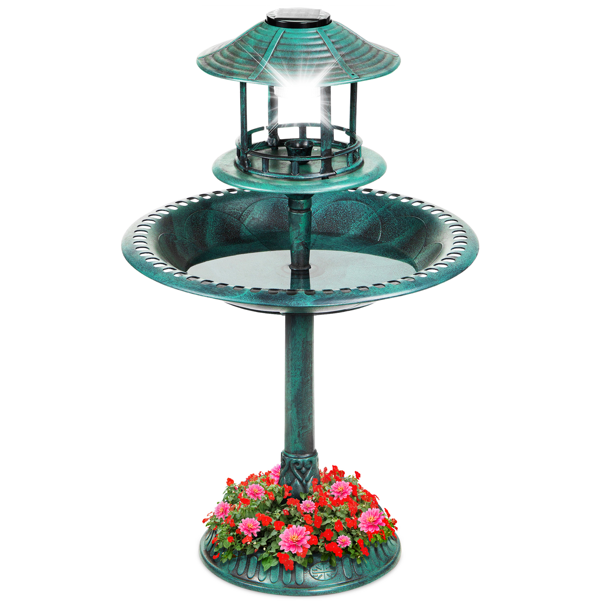 Solar Outdoor Bird Bath Pedestal Fountain Garden Decoration w/ Fillable Planter Base - Green | Best Choice Products Online
