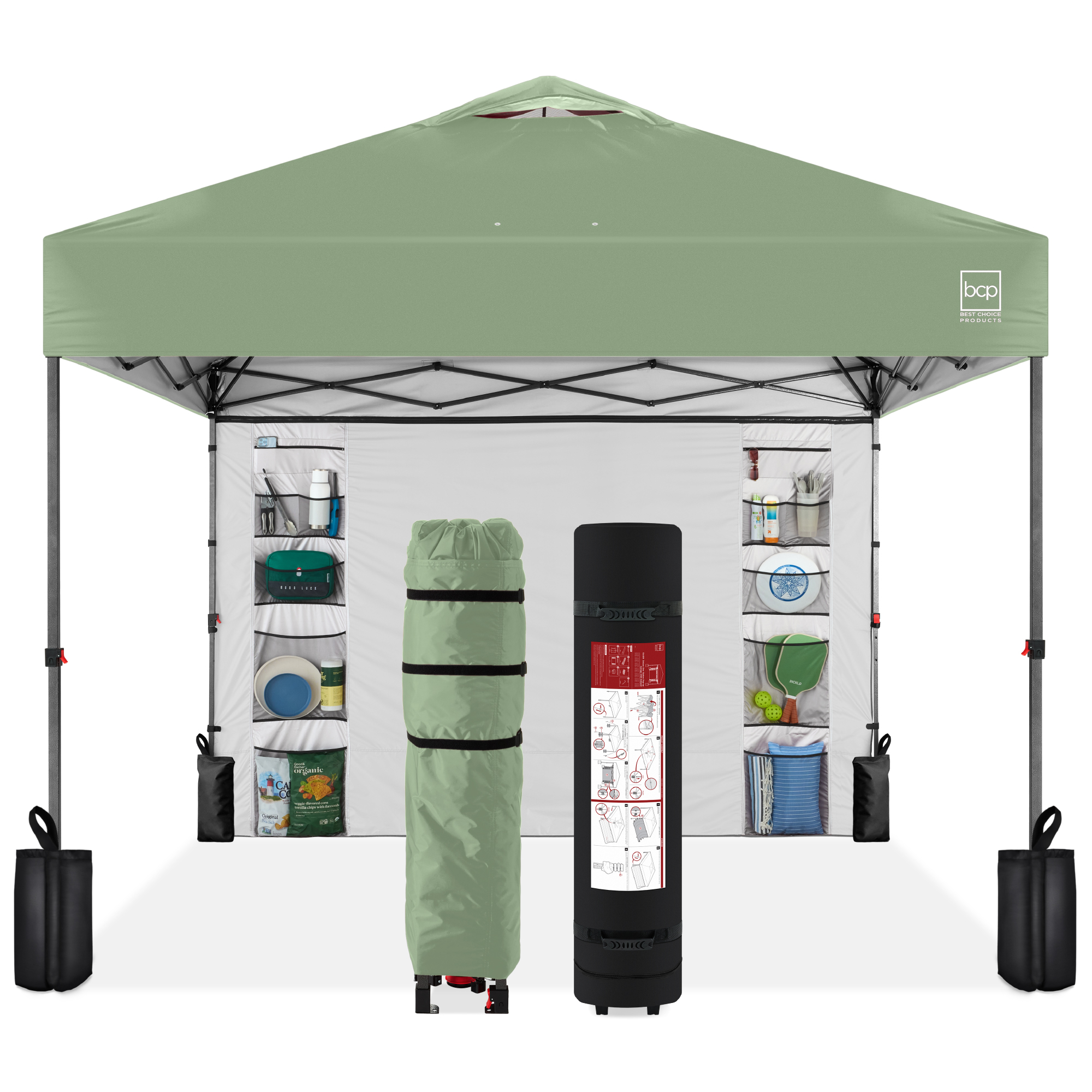 10x10ft Easy Setup Pop Up Canopy, Portable Tent w/ Side Wall, 1-Button Push, Case - Sage Green - Best Choice Products Online