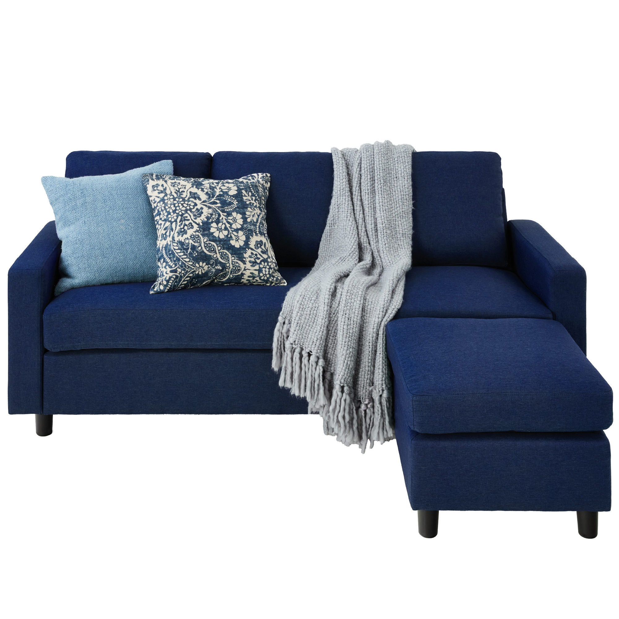 Upholstered Sectional Sofa Couch w/ Chaise Lounge, 3-Seat Design, Ottoman Bench - Dark Blue - Best Choice Products Online
