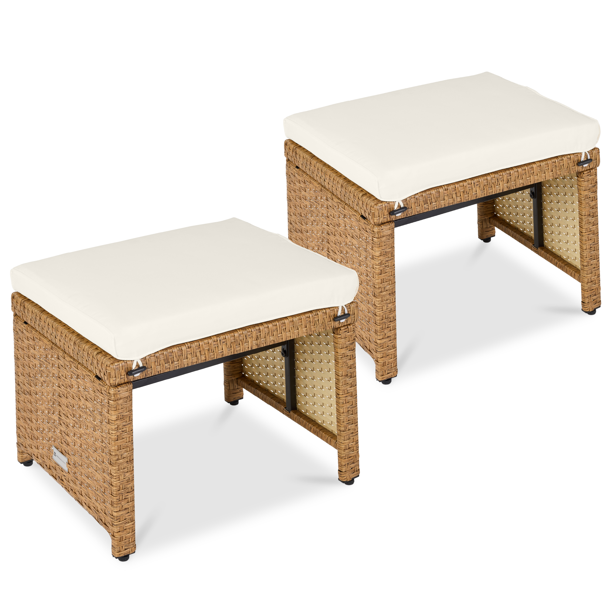 Multipurpose Patio Wicker Ottomans w/ Removable Cushions, Steel Frame, Set of 2 - Ivory/Natural - Best Choice Products Online