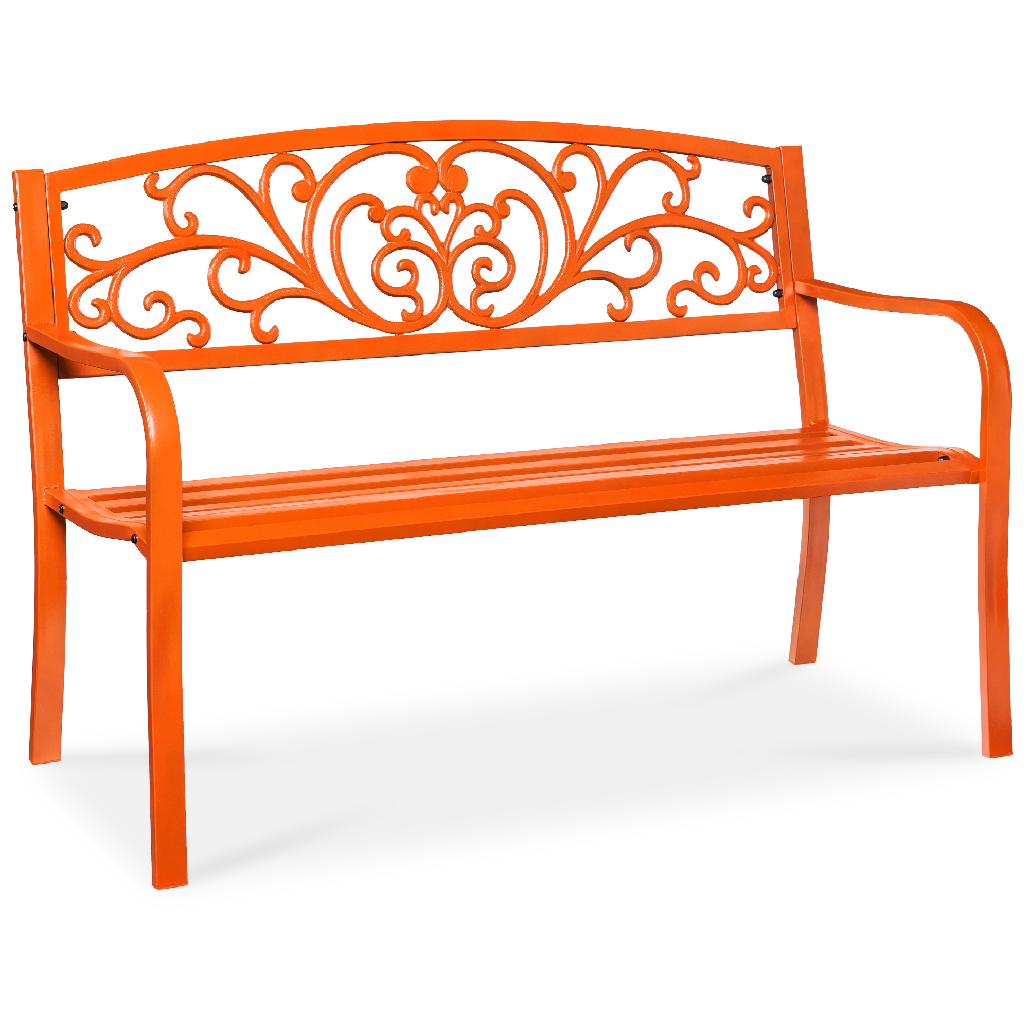 50in Outdoor Patio Garden Bench, Park Yard Furniture Porch Chair w/ Steel Frame, Slatted Seat, Floral Design - Carrot - Best Choice Products
