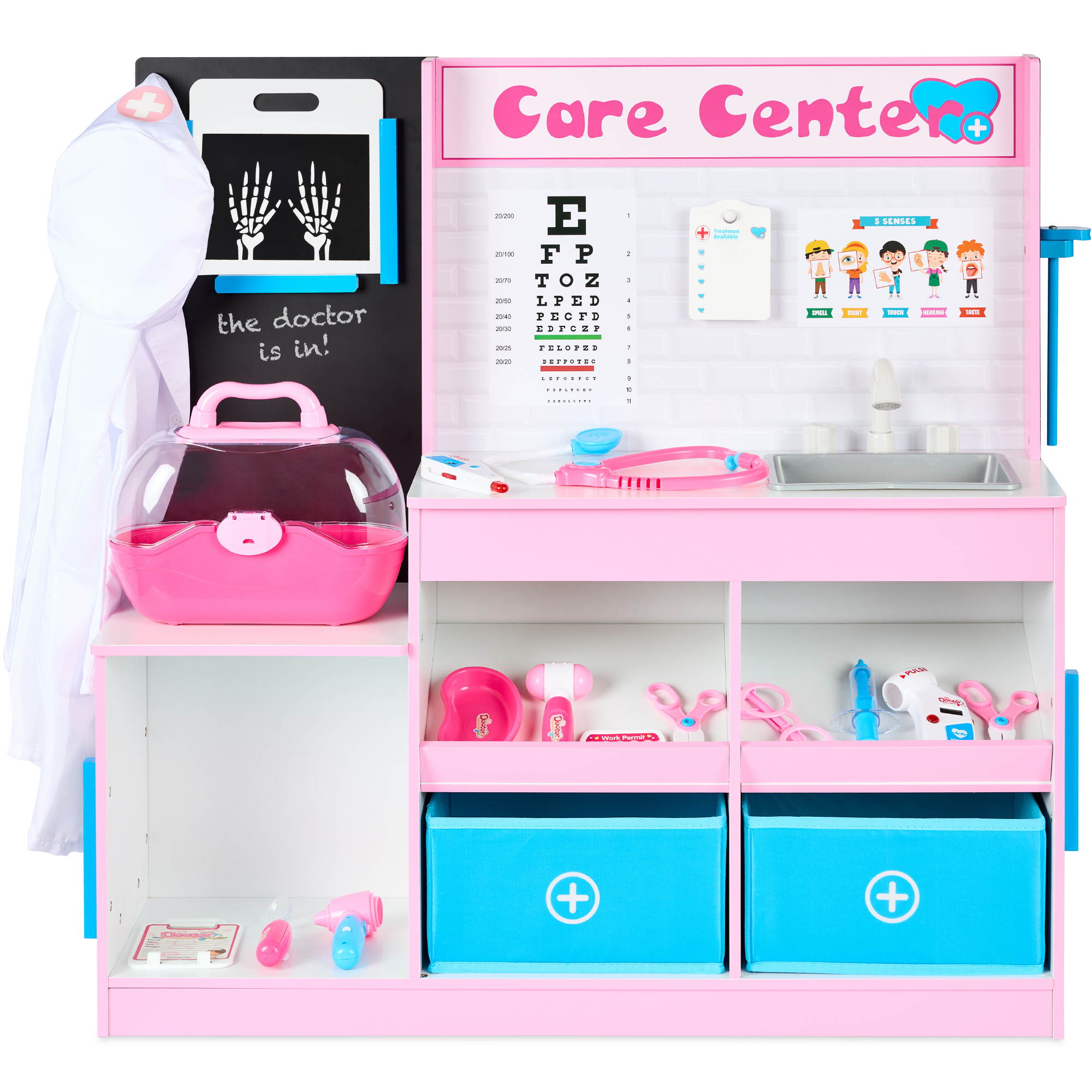 Pretend Play Doctors Office, Wooden Toy Set for Kids w/ Carrying Case, Accessories Included - Pink - Best Choice Products Online