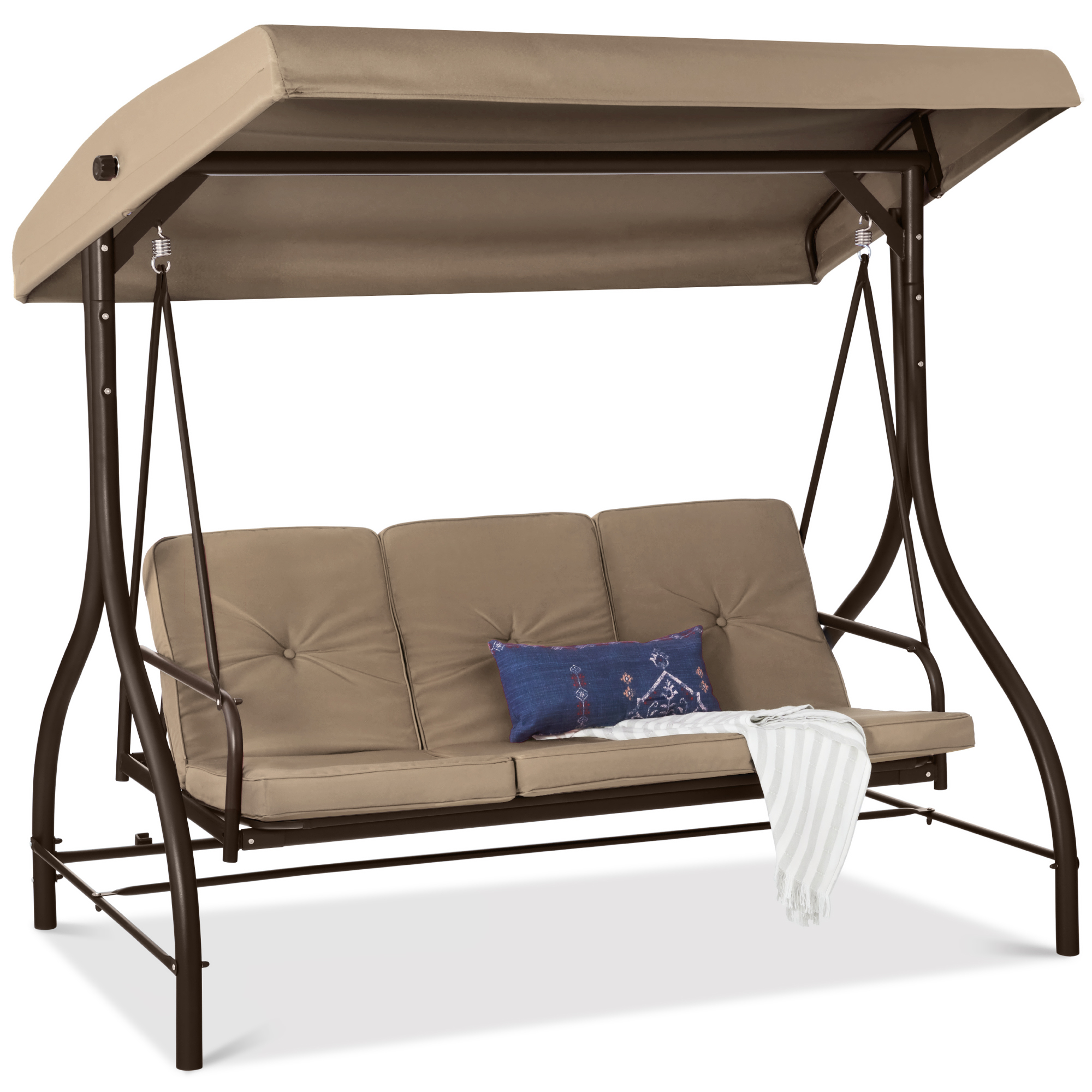 3-Seat Outdoor Canopy Swing Glider Patio Hammock w/ Converting Flatbed Backrest, Removable Cushions - Desert Taupe - Best Choice Products Online