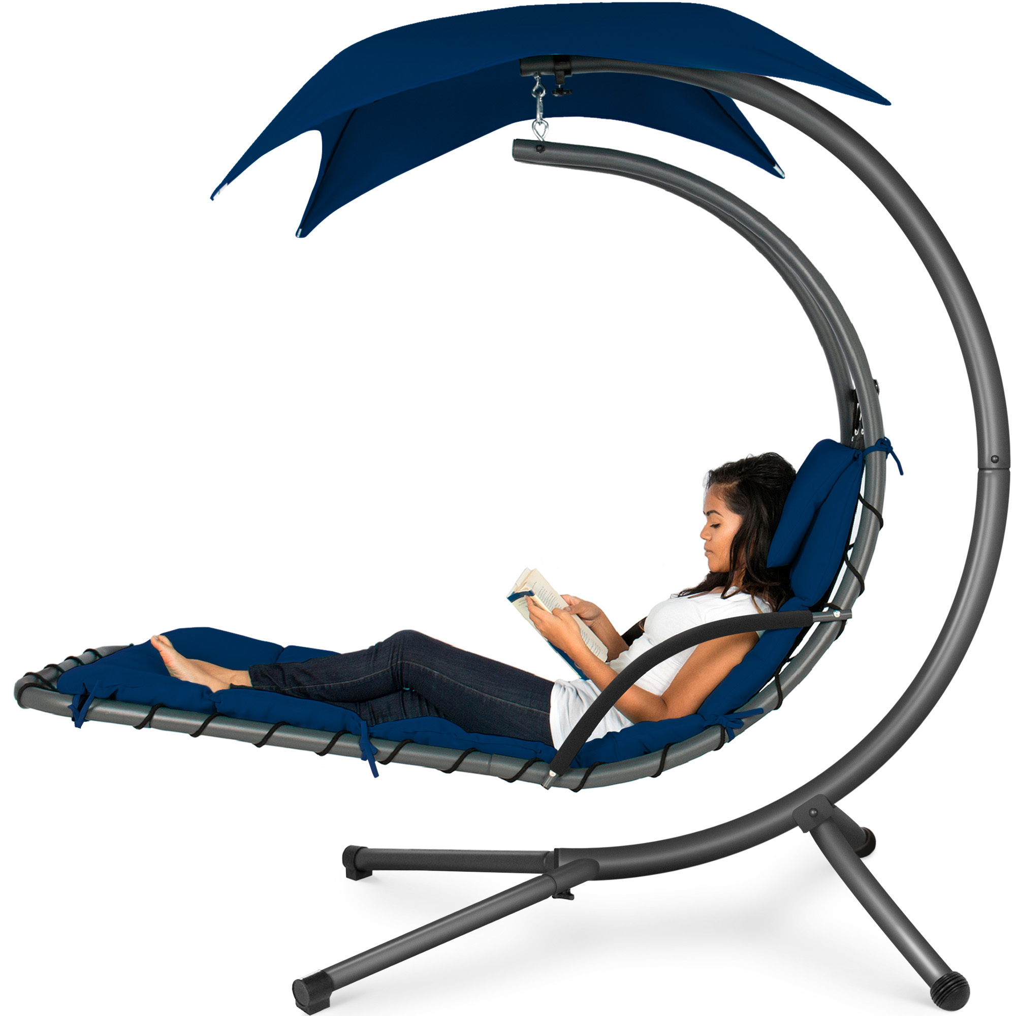 Hanging Curved Chaise Lounge Chair Swing For Backyard, Patio w/ Pillow, Canopy, Stand - Navy Blue - Best Choice Products Online