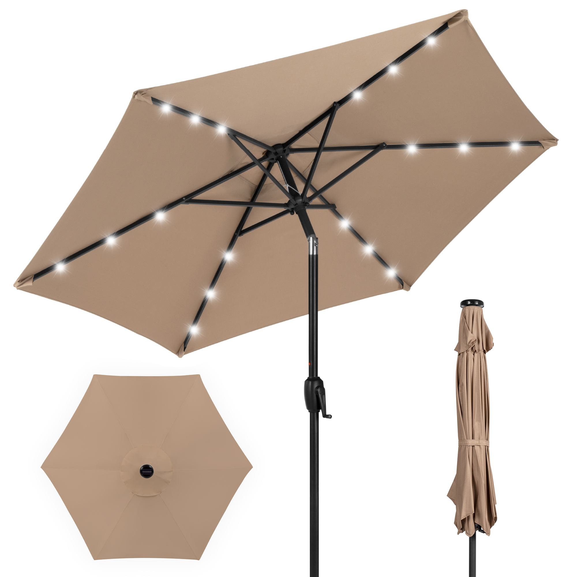 7.5ft Patio Umbrella w/ Solar LED Lights For Deck, Pool w/ Push Button Tilt & Easy Crank Lift - Tan | Best Choice Products Online