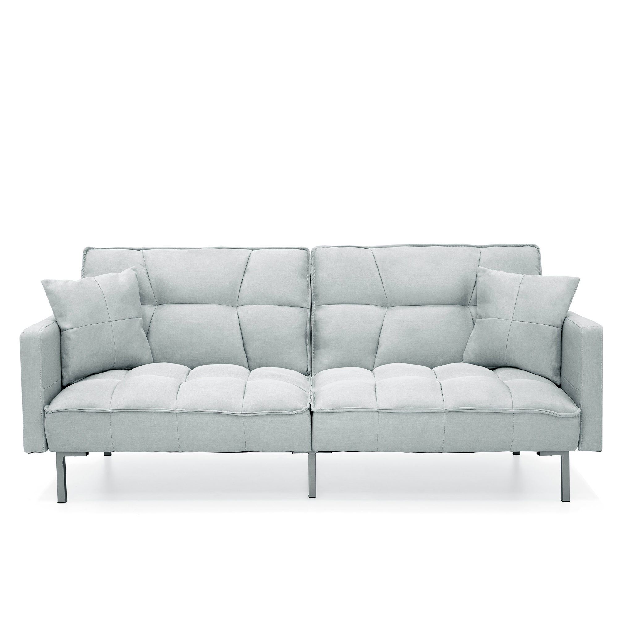 Convertible Futon Sofa, Linen Fabric, Tufted Split-Back Design w/ 2 Pillows - Light Gray | Best Choice Products Online