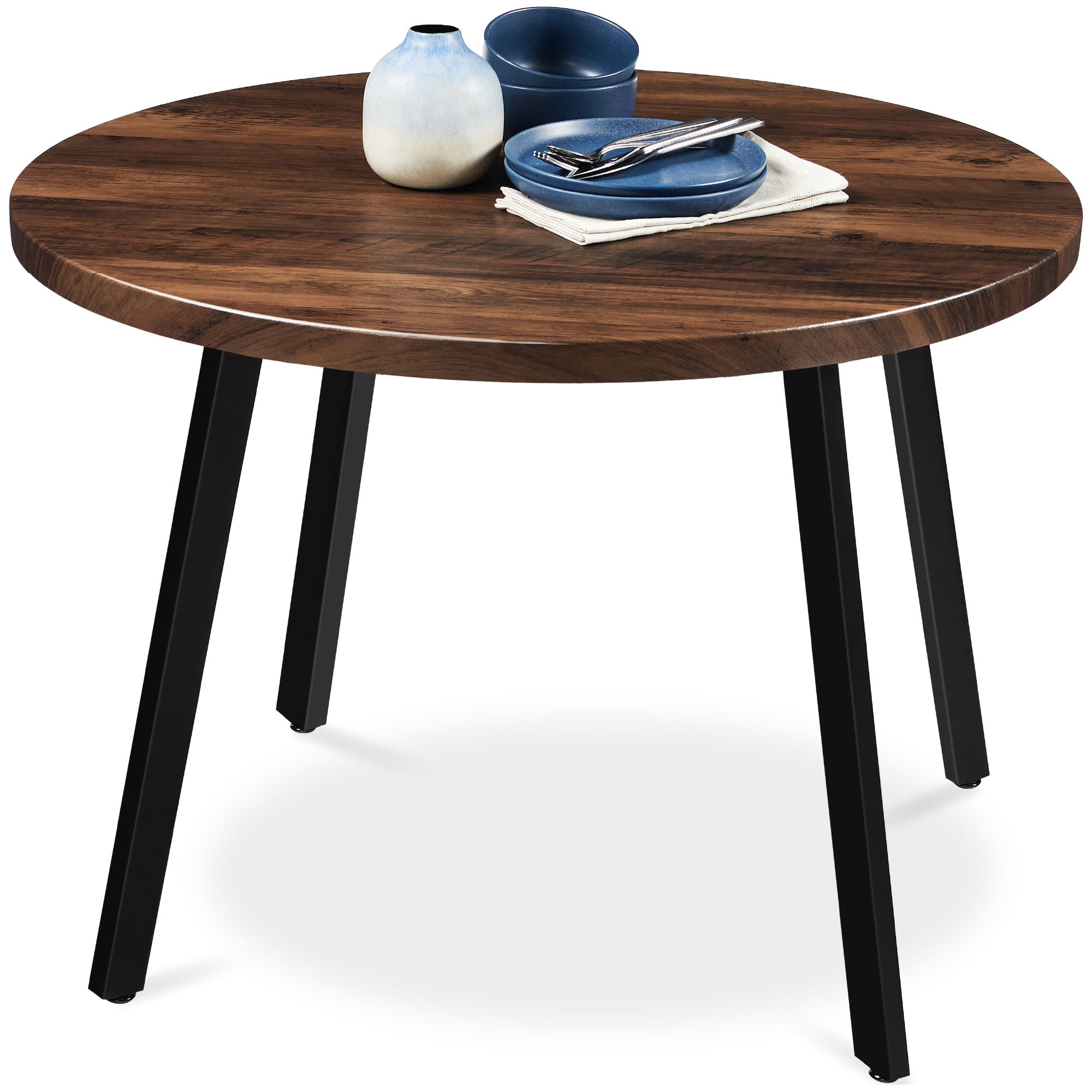 35.5in Mid-Century Modern Round Dining Table w/ Steel Legs, Adjustable Feet - Dark Brown - Best Choice Products Online