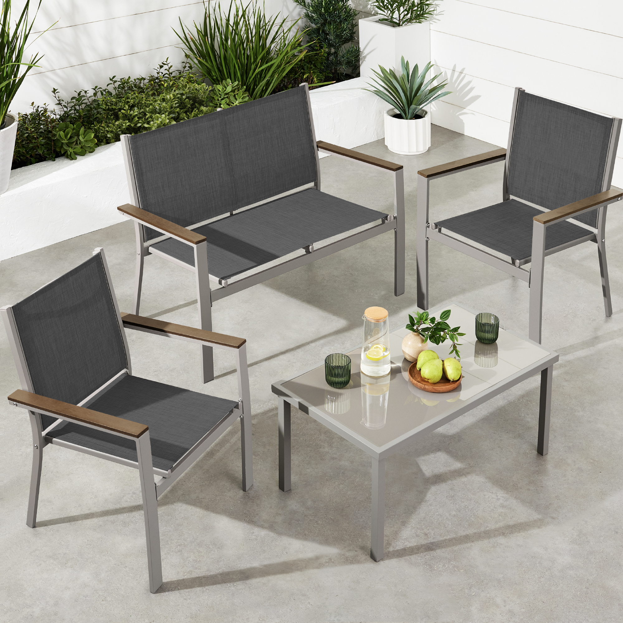 4-Piece Textilene Outdoor Patio Conversation Furniture Set w/ Loveseat, Table - Taupe/Charcoal - Best Choice Products Online