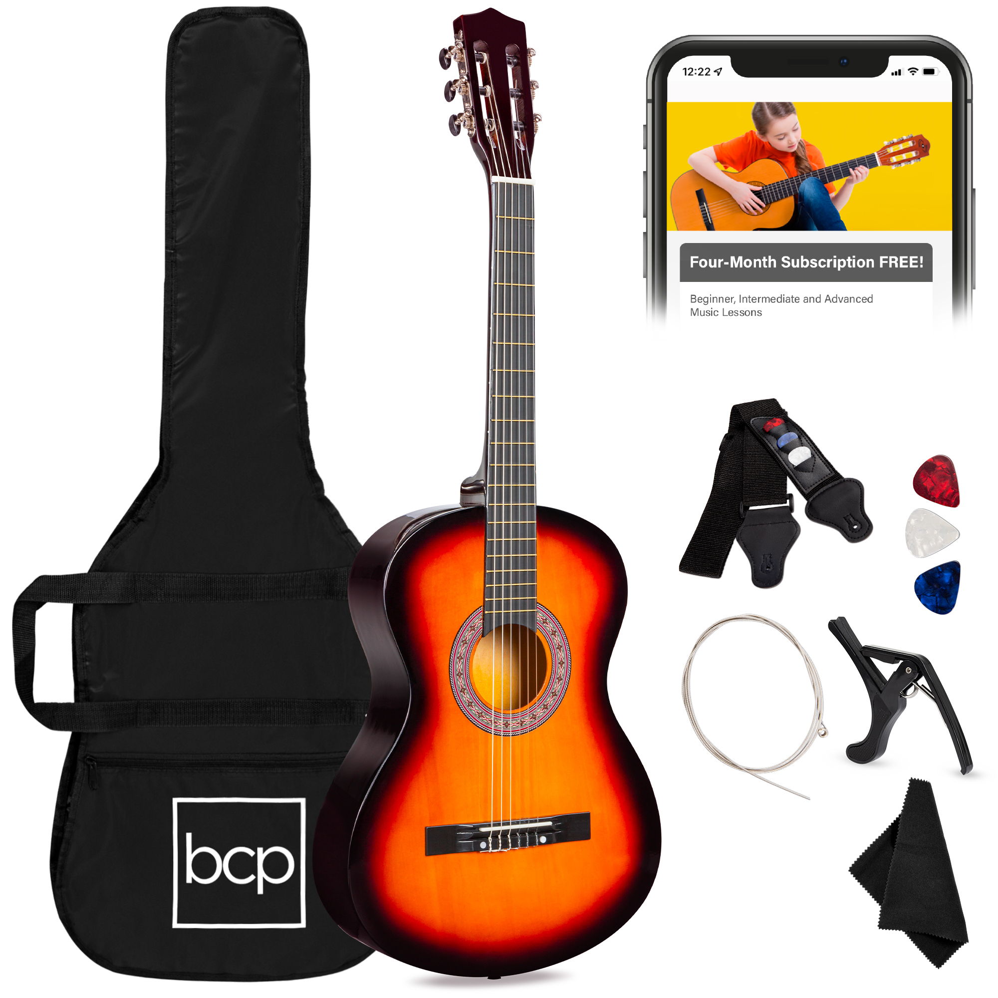38in Beginner Acoustic Guitar Starter Kit w/ Case, Strap, Digital Tuner, Pick, Strings - Sunburst
