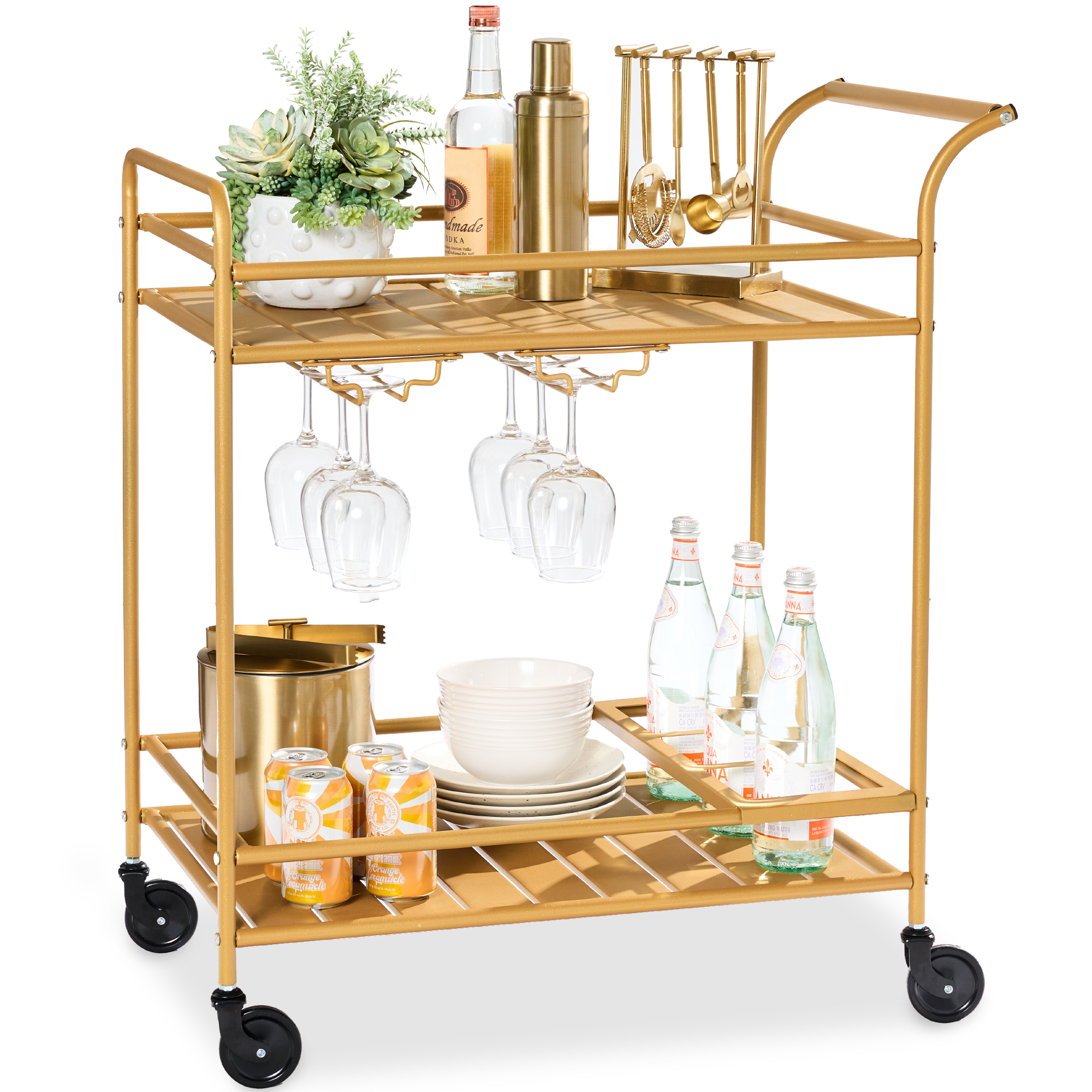 2-Tier Rolling Bar Cart Indoor/Outdoor w/ Storage Shelves, Wine Rack, Lockable Wheels - Gold - Best Choice Products Online