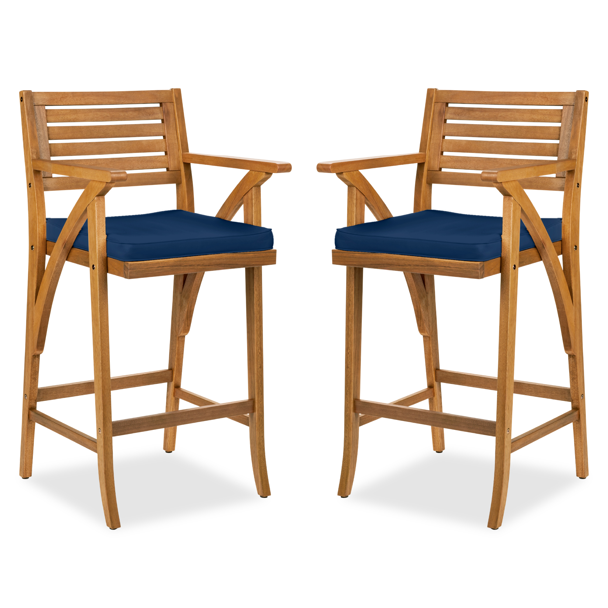 2 Outdoor Acacia Wood Bar Stools, Bar Chairs w/ Weather-Resistant Cushions - Navy - Best Choice Products Online