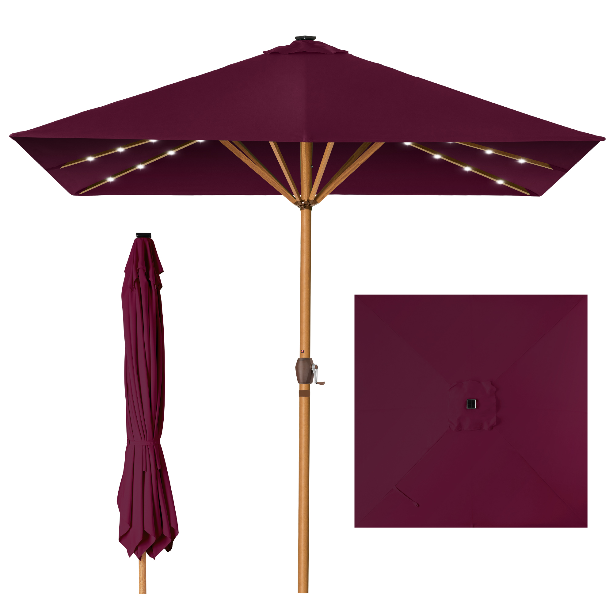 9ft Deep Square Solar LED Lighted Patio Umbrella w/ Faux Wood Texture, UV-Resistant - Burgundy - Best Choice Products Online