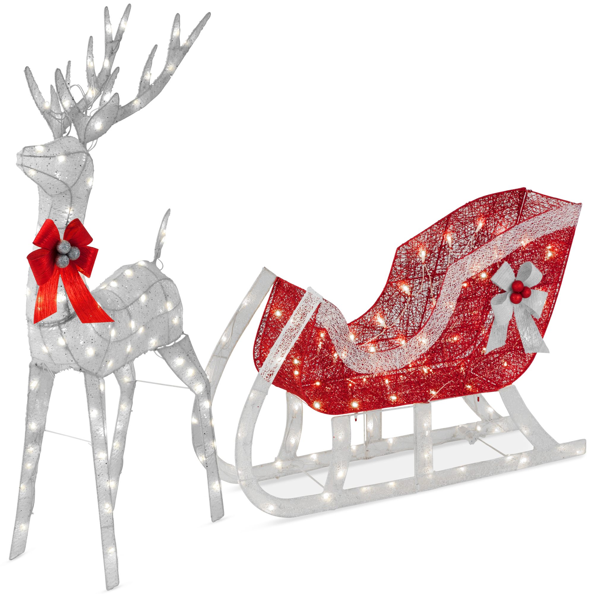 Lighted Christmas 4ft Reindeer & Sleigh Outdoor Decor Set w/ 205 LED Lights, Stakes - Silver - Best Choice Products Online