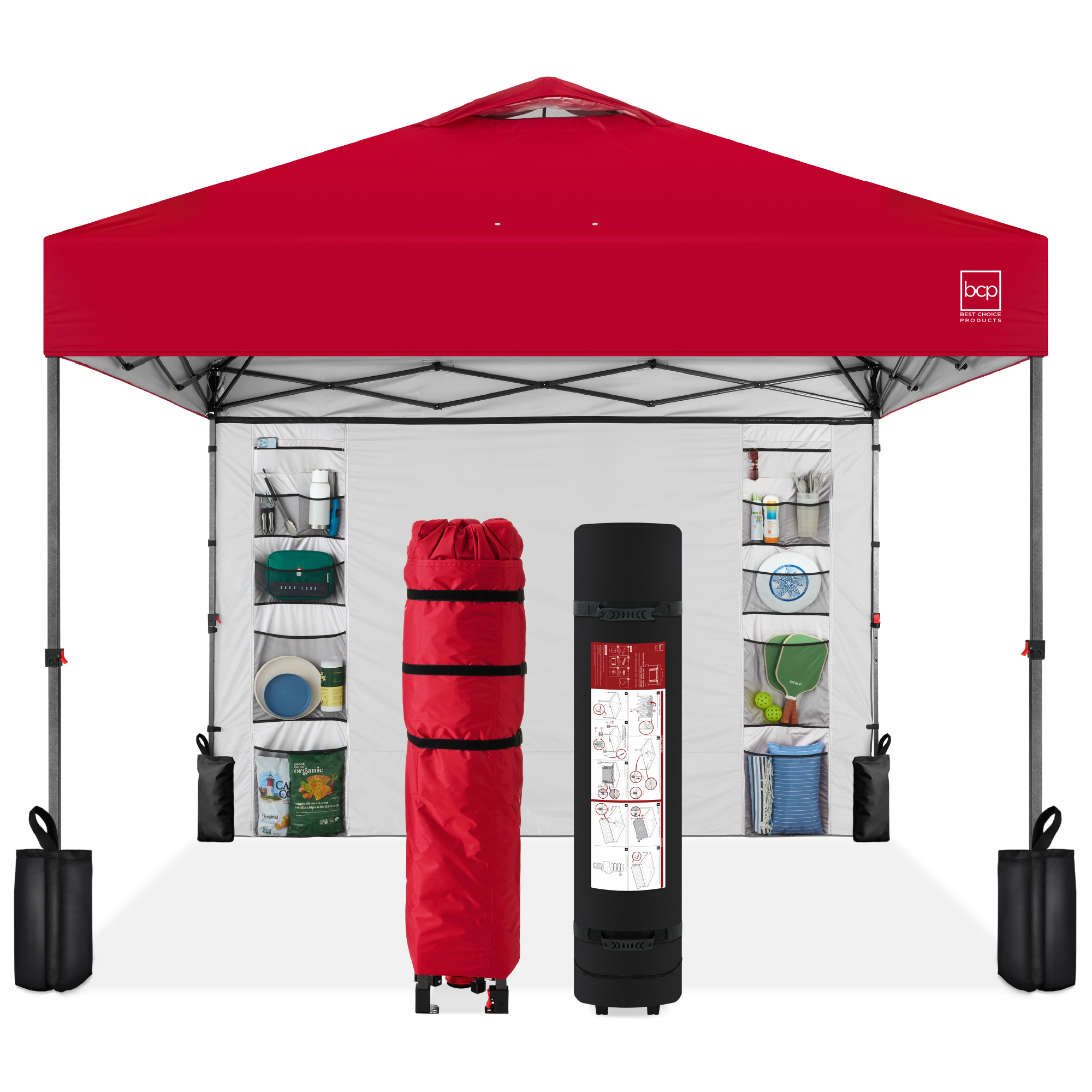 10x10ft Easy Setup Pop Up Canopy, Portable Tent w/ Side Wall, 1-Button Push, Case - Red - Best Choice Products Online