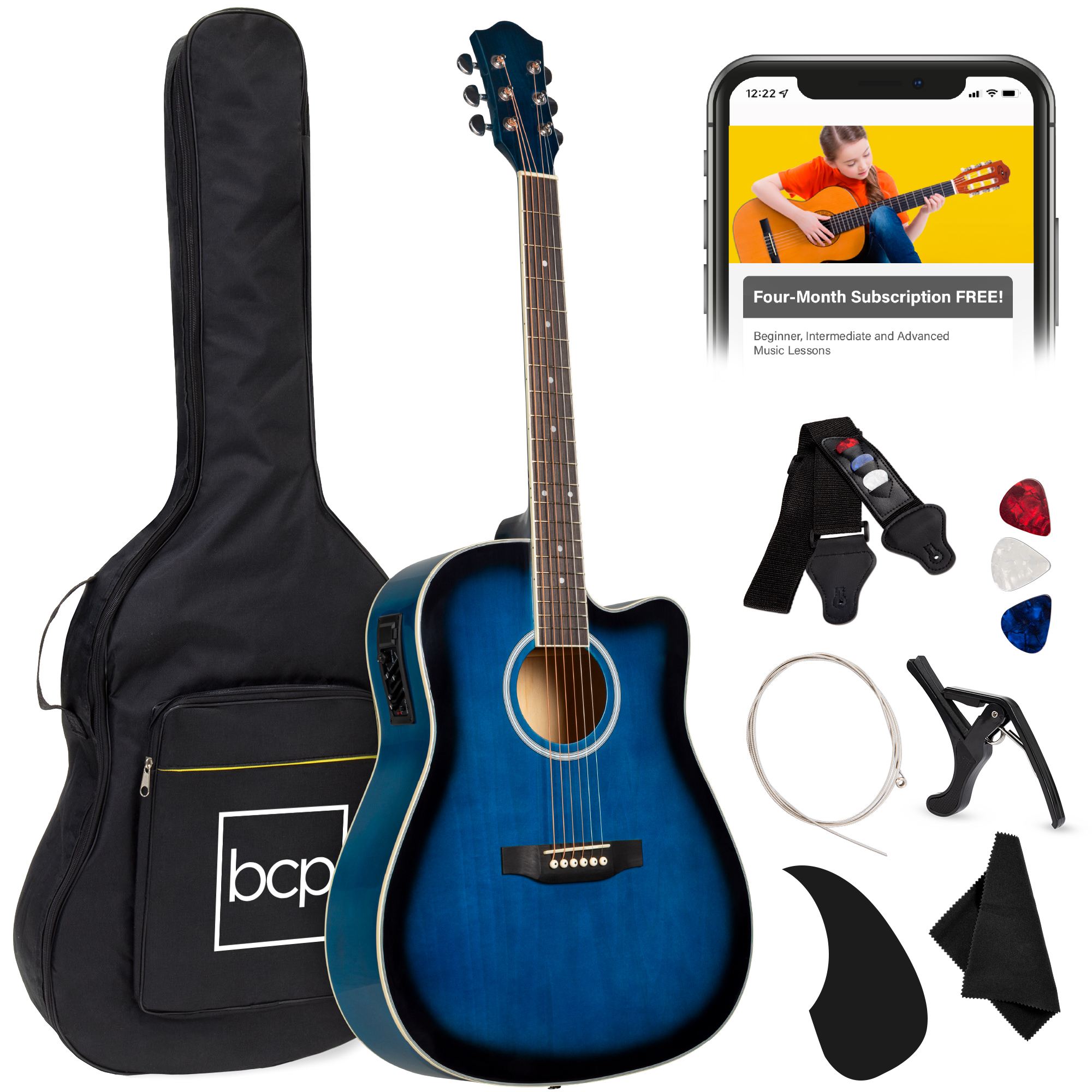 41in Full Size Acoustic Electric Cutaway Guitar Set w/ Capo, E-Tuner, Bag, Picks, Strap - Blue