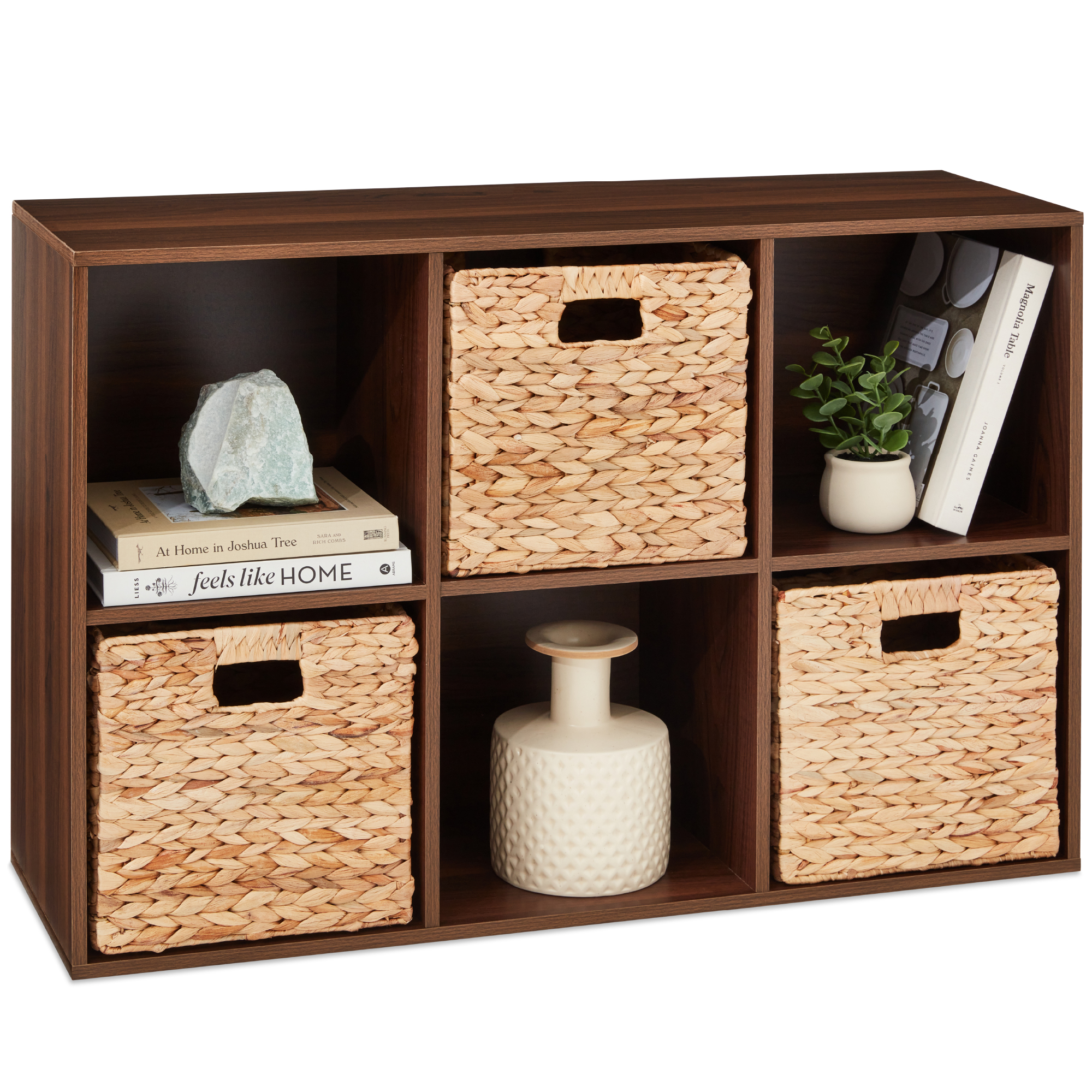 6-Cube Bookshelf, 11in Display Storage System, Customizable Organizer w/ Removable Back Panels - Walnut - Best Choice Products Online