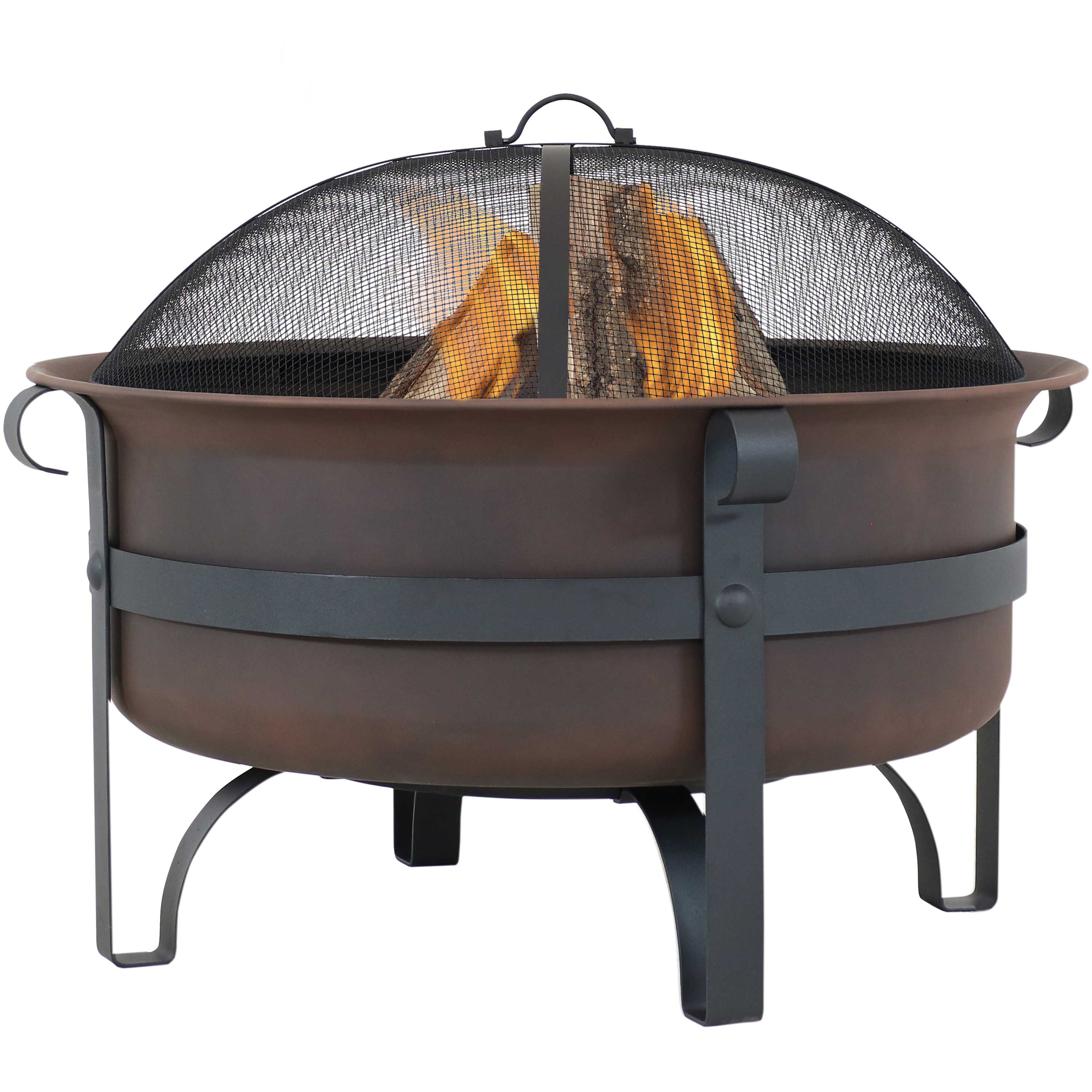 Sunnydaze Steel Cauldron Style Fire Pit with Spark Screen - Bronze - 29-Inch