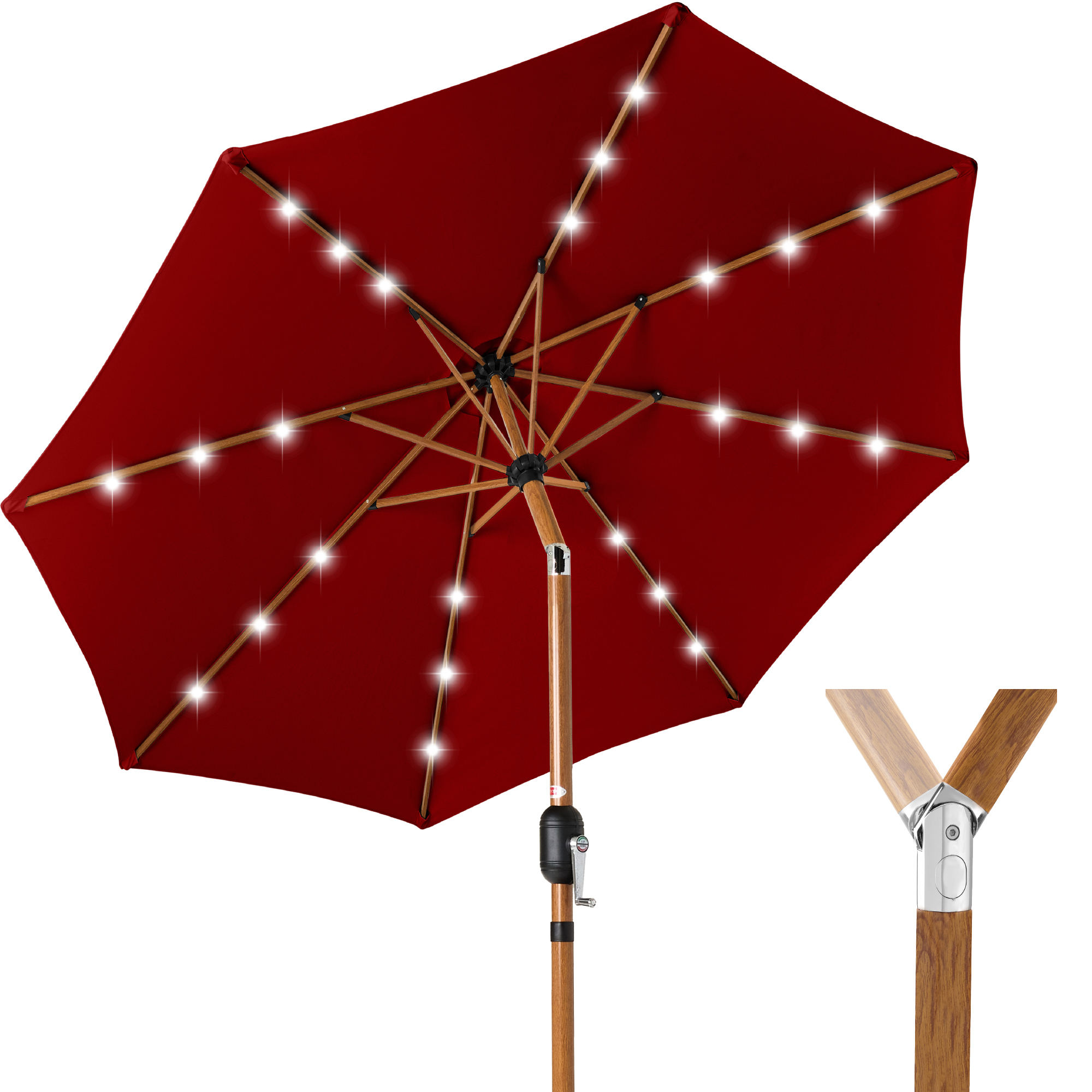 Best Choice Products 10ft Solar LED Lighted Outdoor Woodgrain Pattern Steel Market Patio Umbrella - Red