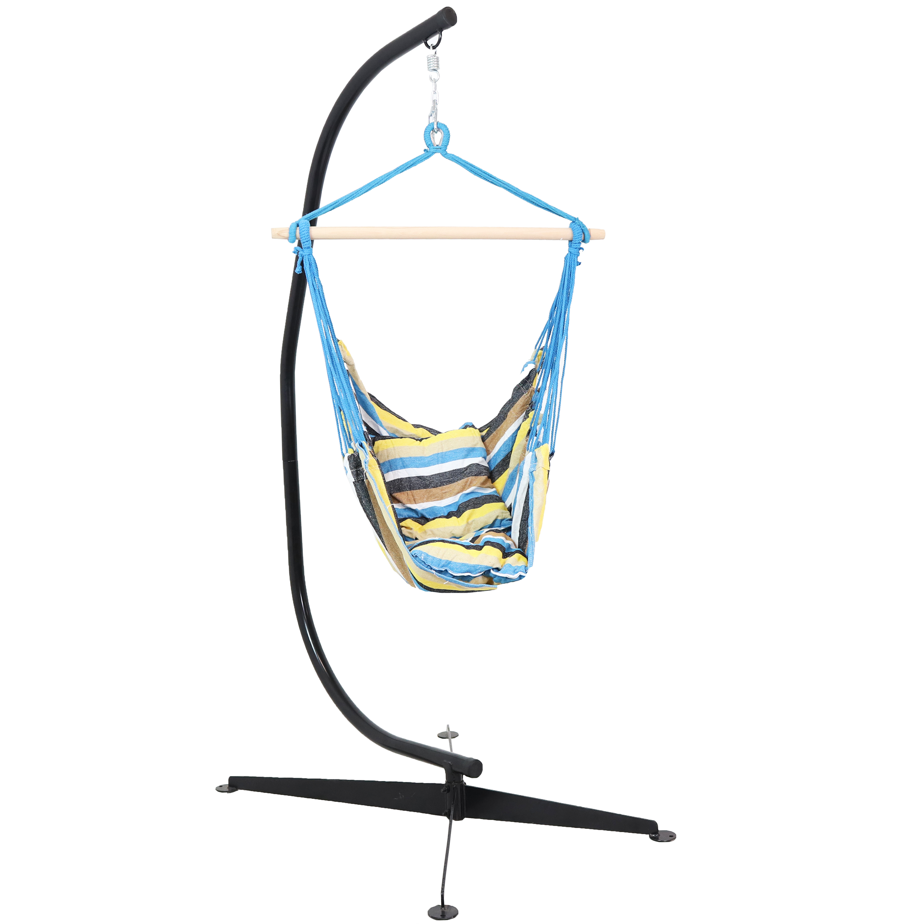 Sunnydaze Hanging Hammock Chair Swing and C-Stand Set, for Outdoor Use, Max Weight: 265 pounds, Includes 2 Seat Cushions, Ocean View