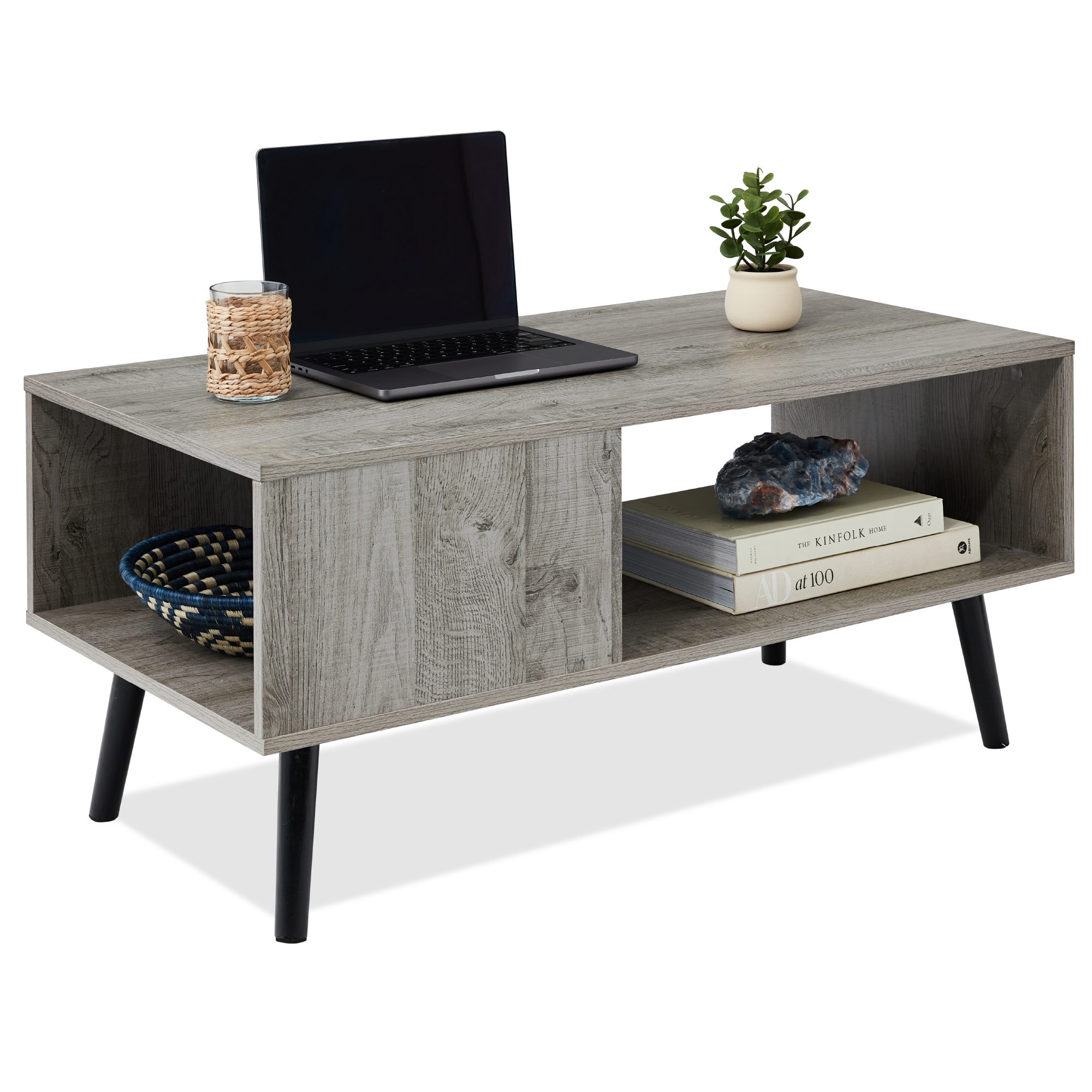 Coffee Accent Table & Versatile Entertainment Center, Wooden Mid-Century Modern Design w/ Open Storage Shelf - Gray - Best Choice Products Online