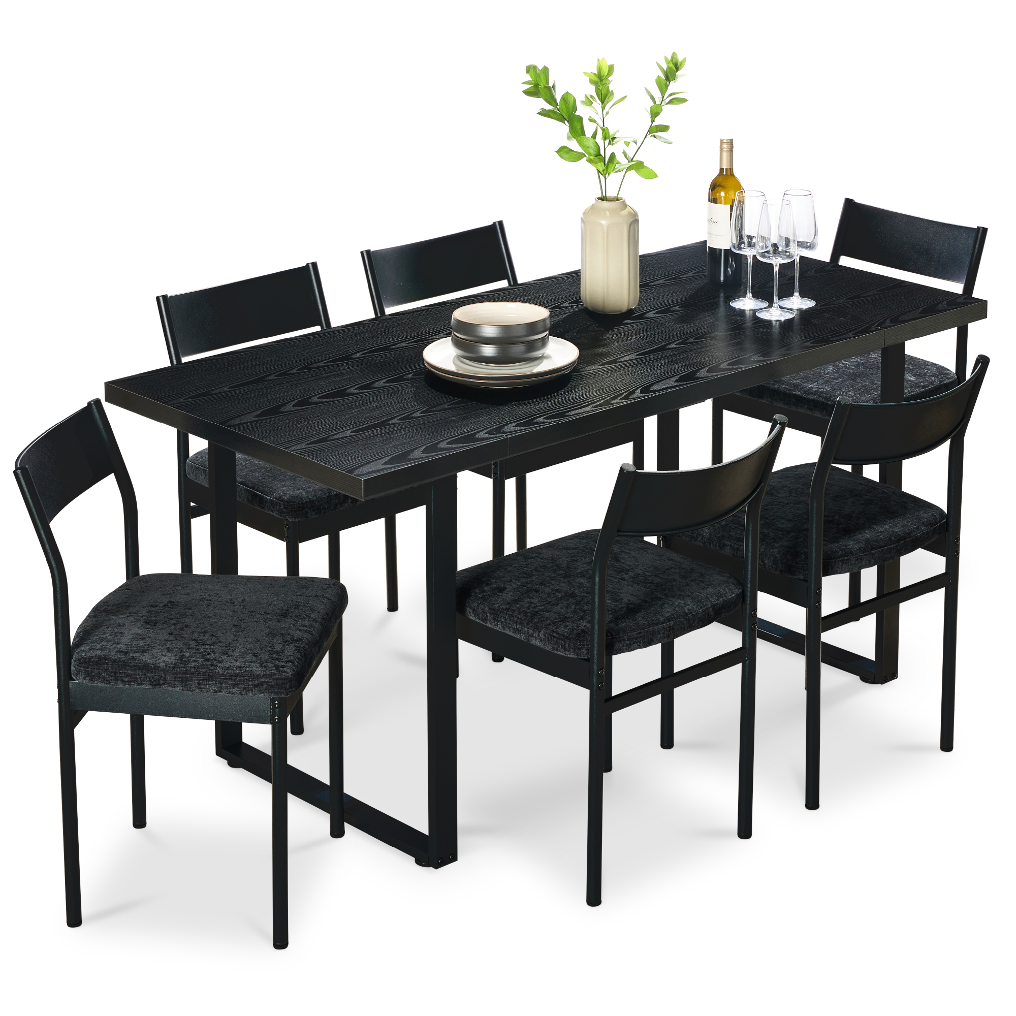 7-Piece Modern Dining Set, Kitchen Table w/ 6 Cushioned Chairs, Metal Frame - Black/Black - Best Choice Products Online