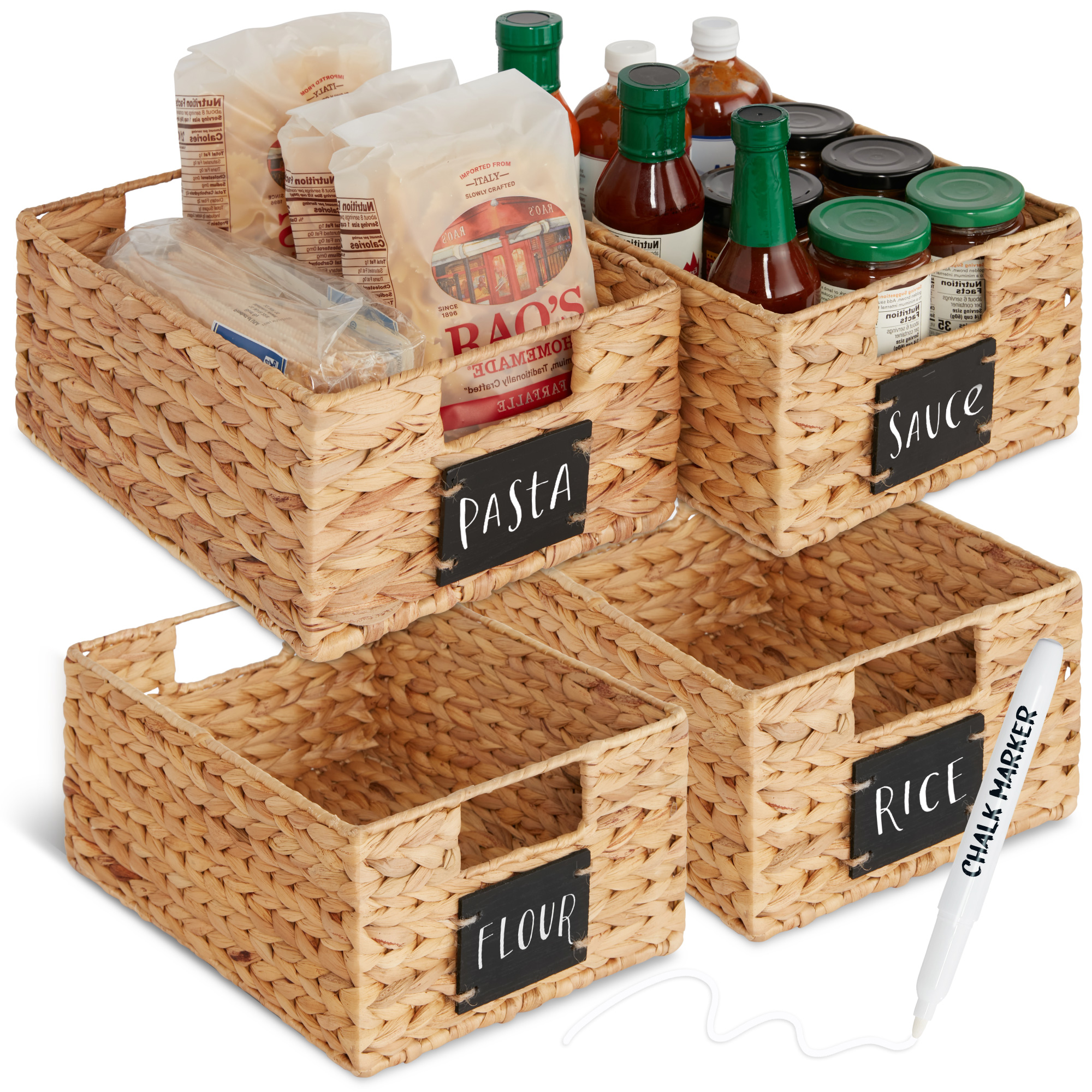 4 Woven Water Hyacinth Pantry Baskets w/ Chalkboard Label, Chalk Marker, 12in - Natural - Best Choice Products Online