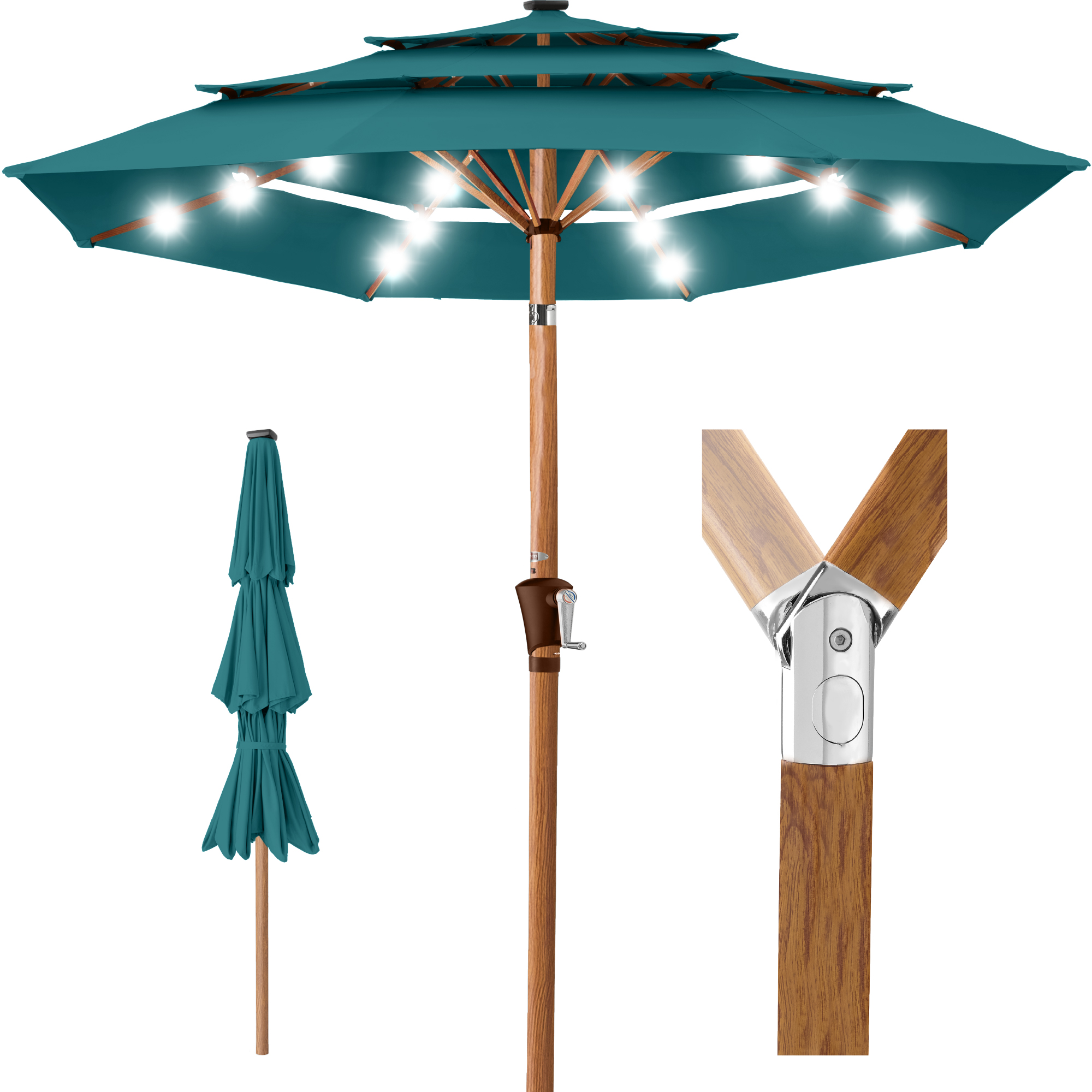 10ft Woodgrain Pattern 3-Tier Solar Patio Umbrella w/ 24 LED Lights, Tilt - Cerulean - Best Choice Products Online