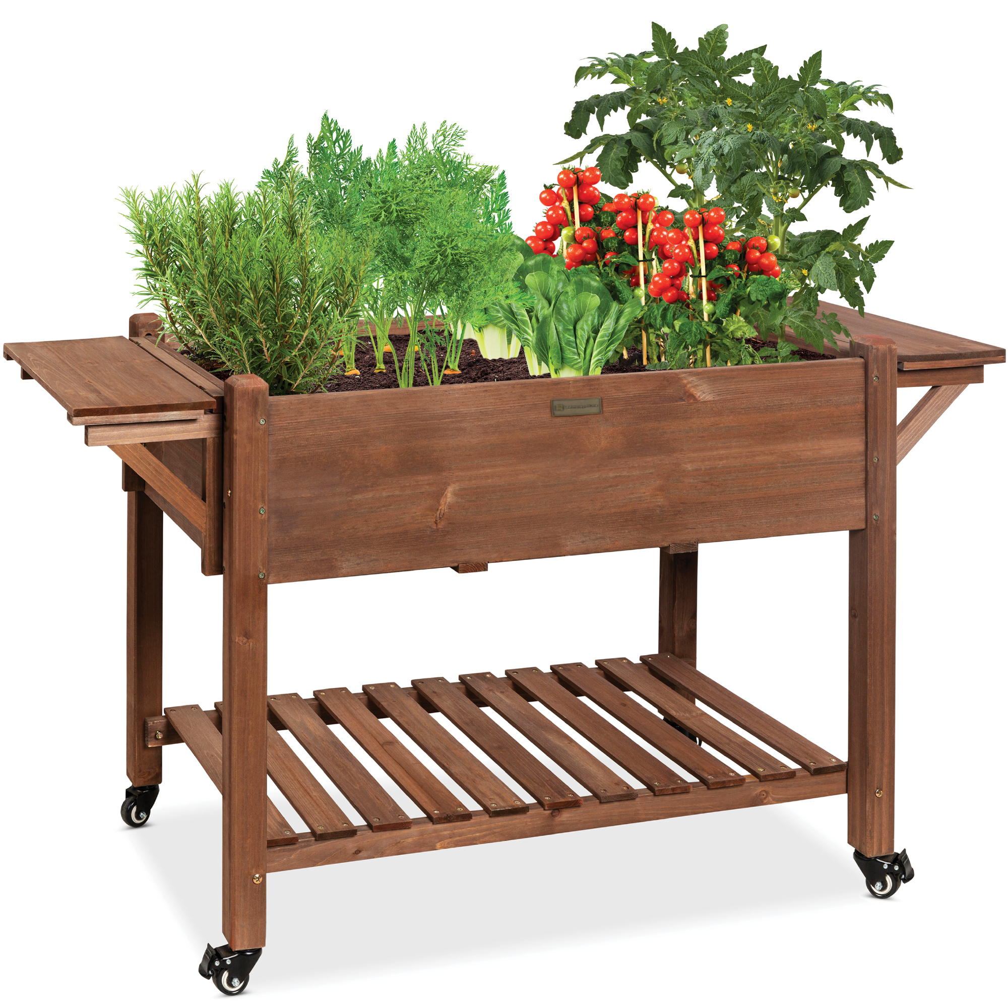 Mobile Raised Garden Bed 57inx20inx33in, Elevated Wood Planter Box w/ Folding Side Tables - Brown | Best Choice Products Online