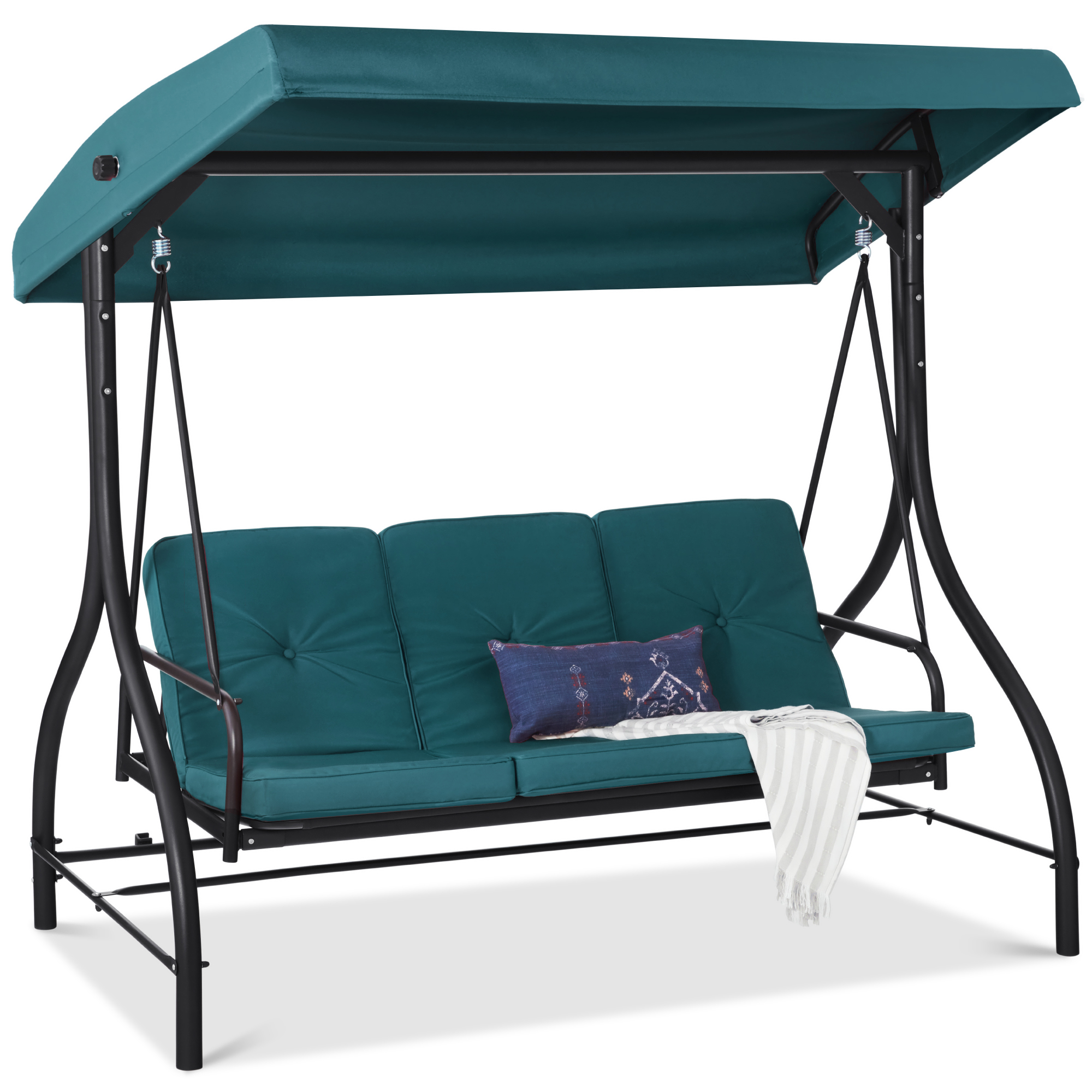 3-Seat Outdoor Canopy Swing Glider Patio Hammock w/ Converting Flatbed Backrest, Removable Cushions - Peacock - Best Choice Products Online