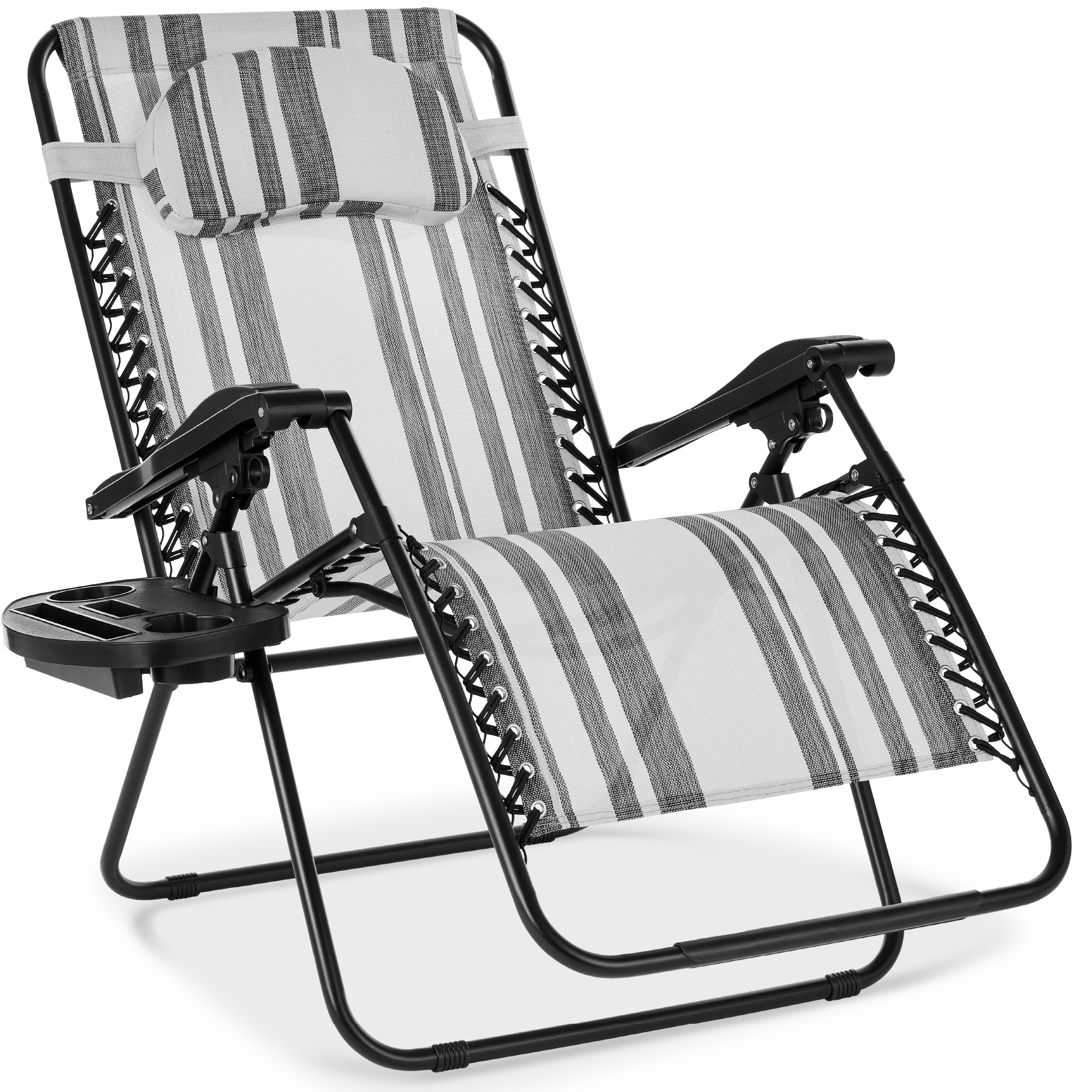 Oversized Zero Gravity Chair w/ Pillow, Cupholder, Folding Outdoor Lounge Recliner For Patio & Pool - Gray Stripes - Best Choice Products Online