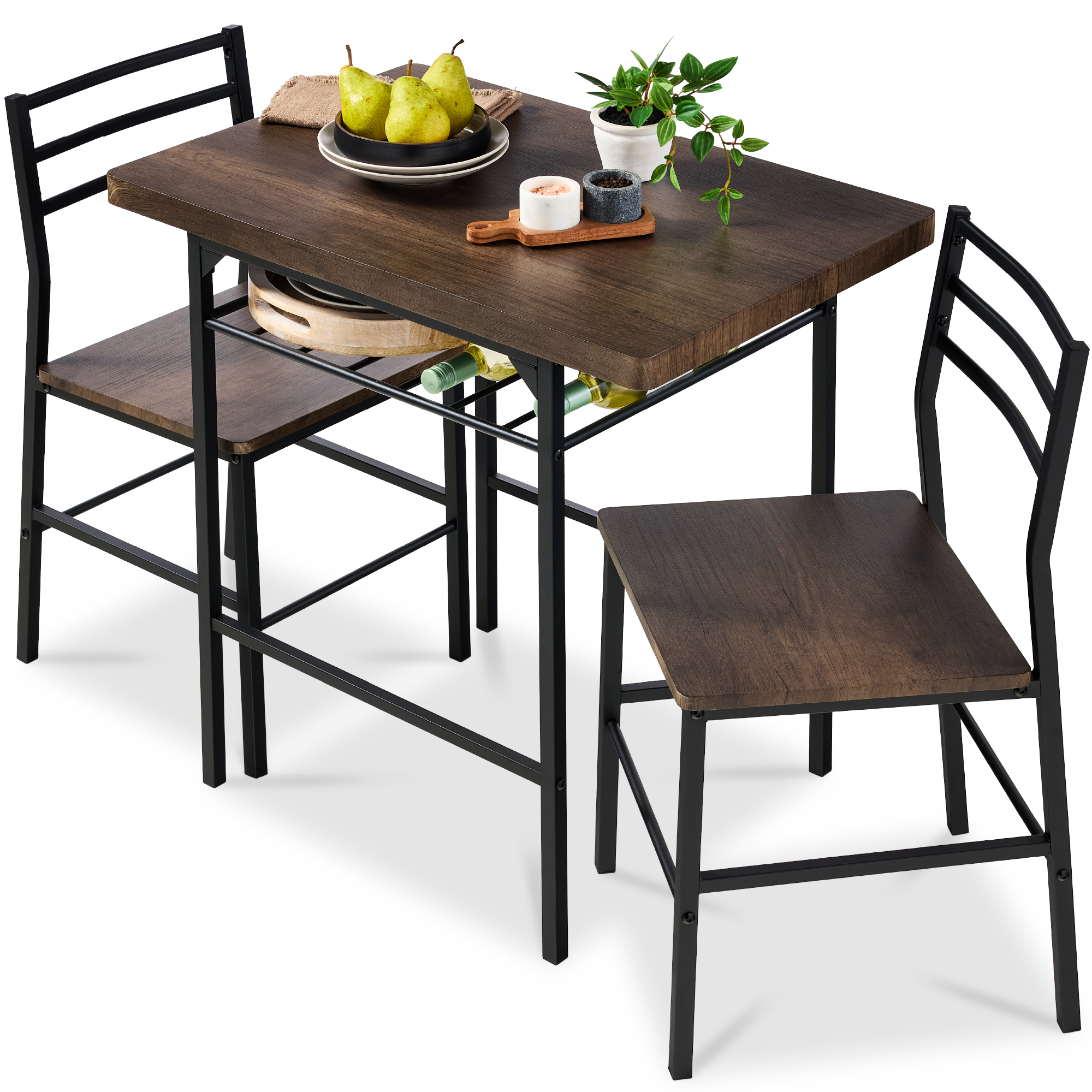 3-Piece Modern Dining Set, Square Table & Chairs Set w/ Steel Frame, Built-In Storage Rack - Dark Brown - Best Choice Products Online
