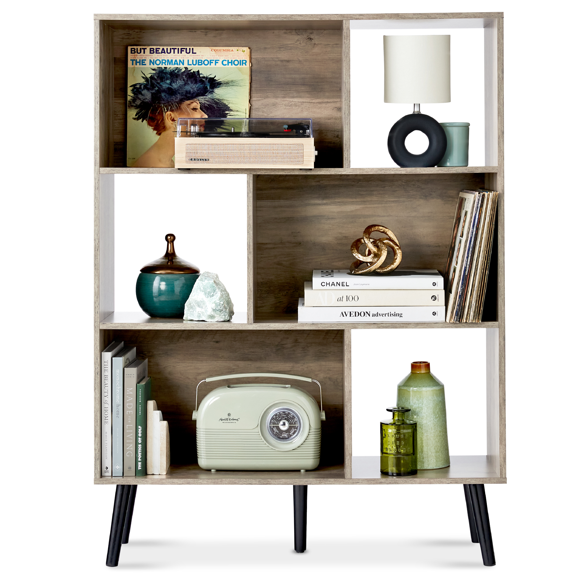 3-Tier Mid-Century Modern Wooden Bookcase w/ Removable Back Panels, Offset Pine Legs - Gray Oak - Best Choice Products Online