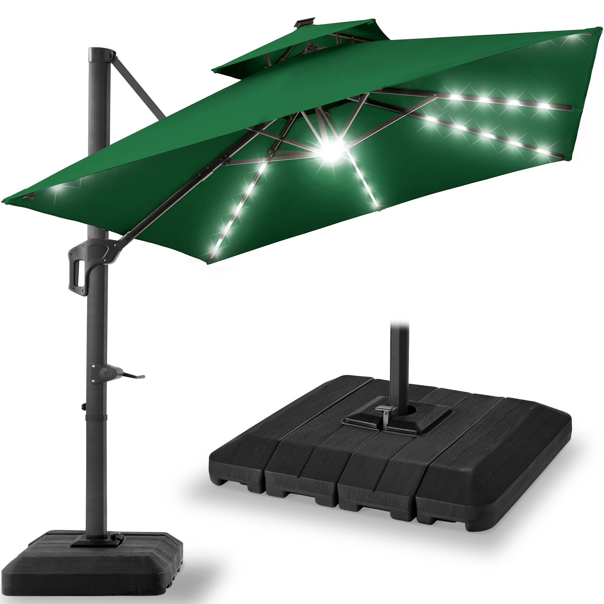 10ft 2-Tier Square Outdoor Solar LED Cantilever Patio Umbrella w/ Base Included - Green - Best Choice Products Online