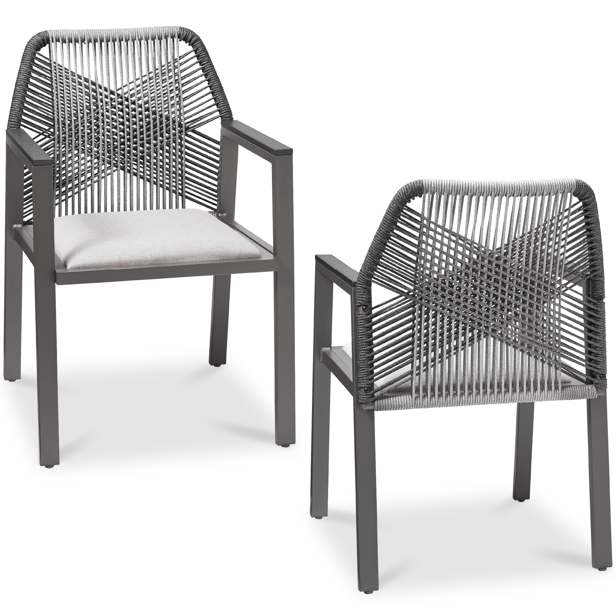 Set of 2 Indoor/Outdoor Aluminum Woven Rope Dining Chairs w/ Armrests - Charcoal/Graphite - Best Choice Products Online