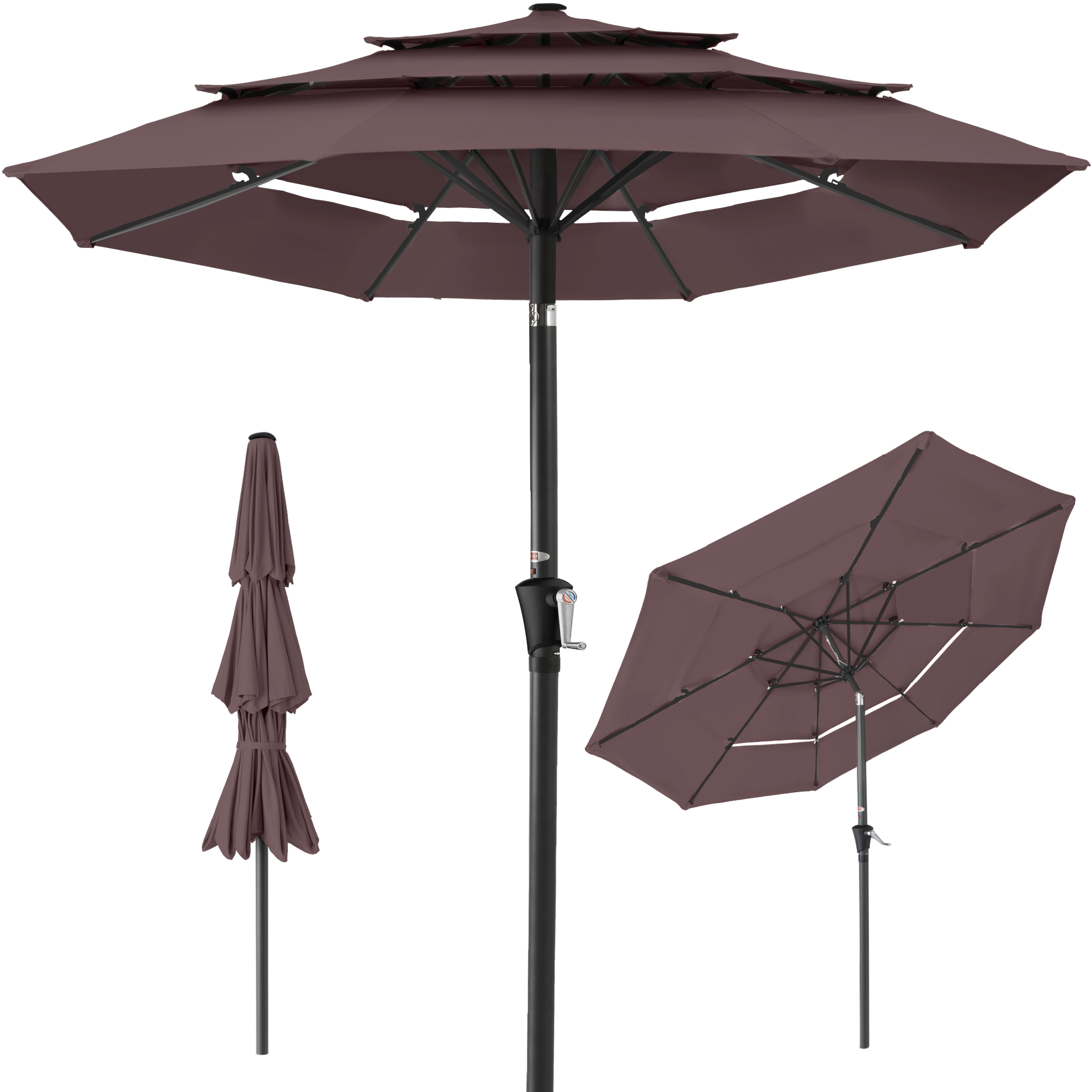10ft 3-Tier Patio Umbrella, Market Sun Shade w/ Tilt Adjustment, Easy Crank - Deep Taupe - Best Choice Products Online