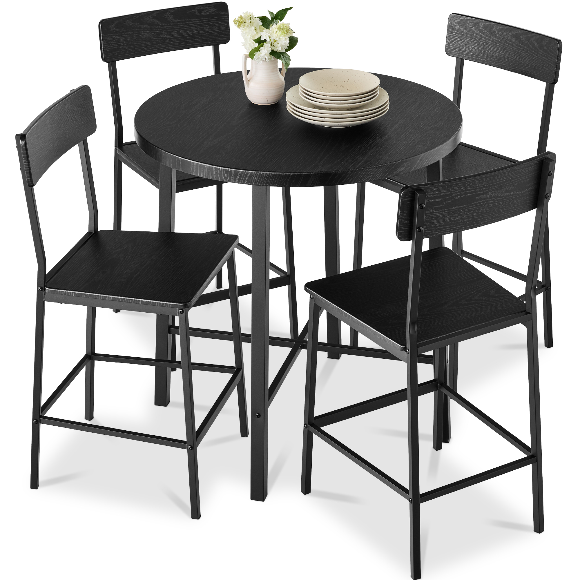 5-Piece Modern Round Counter Height Dining Set w/ 4 Chairs, 1.5in Thick Table - Black - Best Choice Products Online