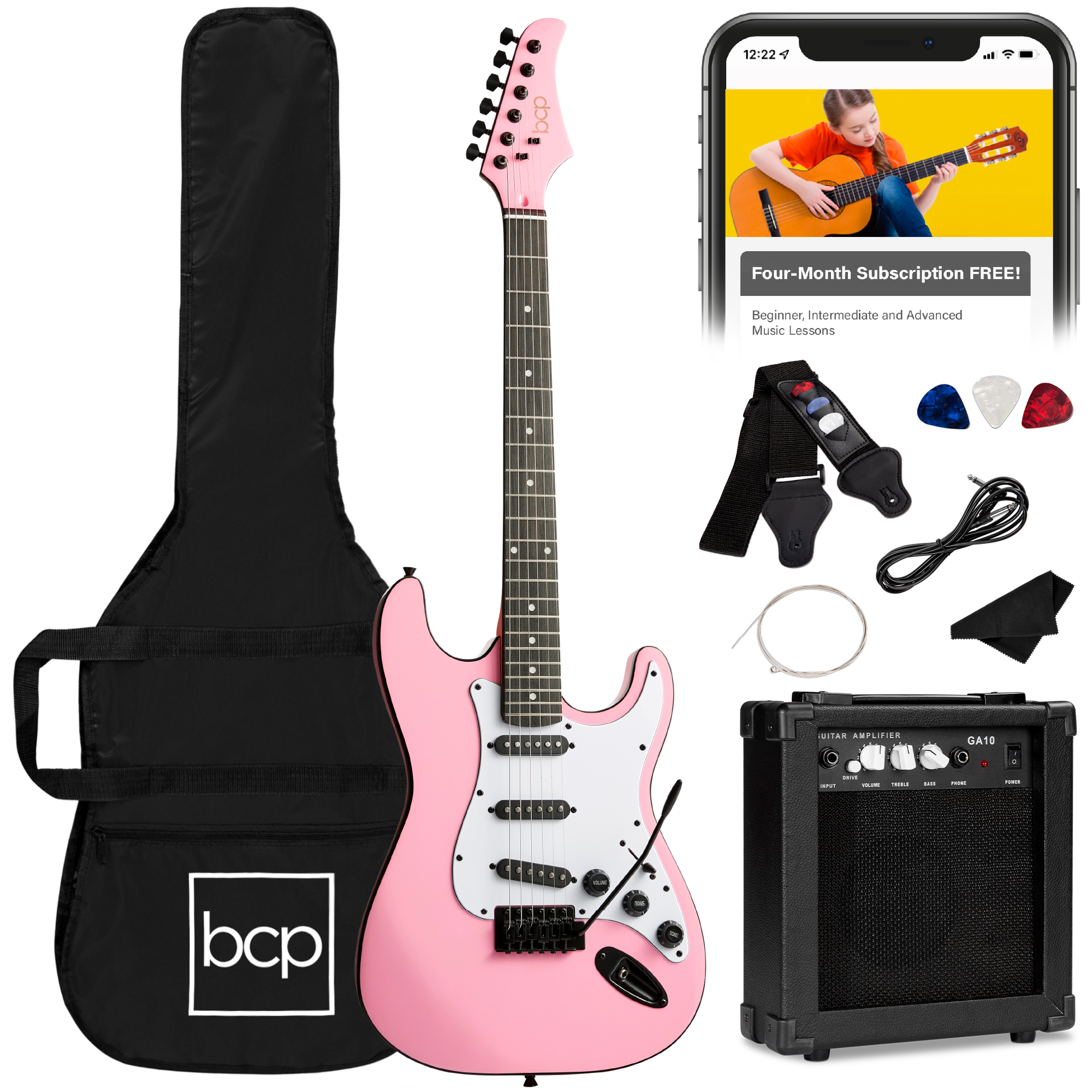 39in Full Size Beginner Electric Guitar Kit w/ Case, Strap, Amp, Whammy Bar - Pink - Best Choice Products Online