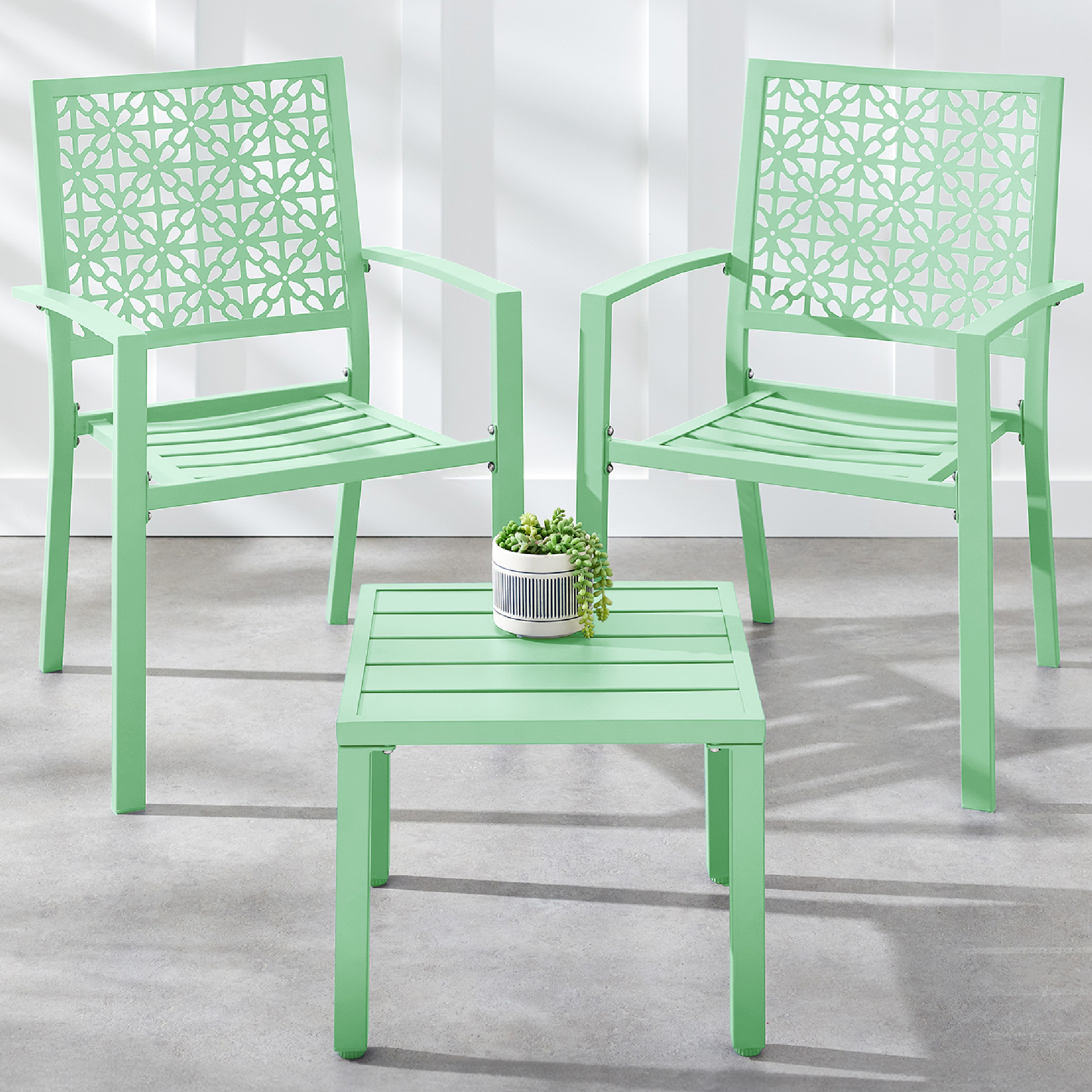 3-Piece Stackable Steel Outdoor Conversation Bistro Set, Patio Chat Furniture w/ 2 Chairs, Table - Mint Green - Best Choice Products Online