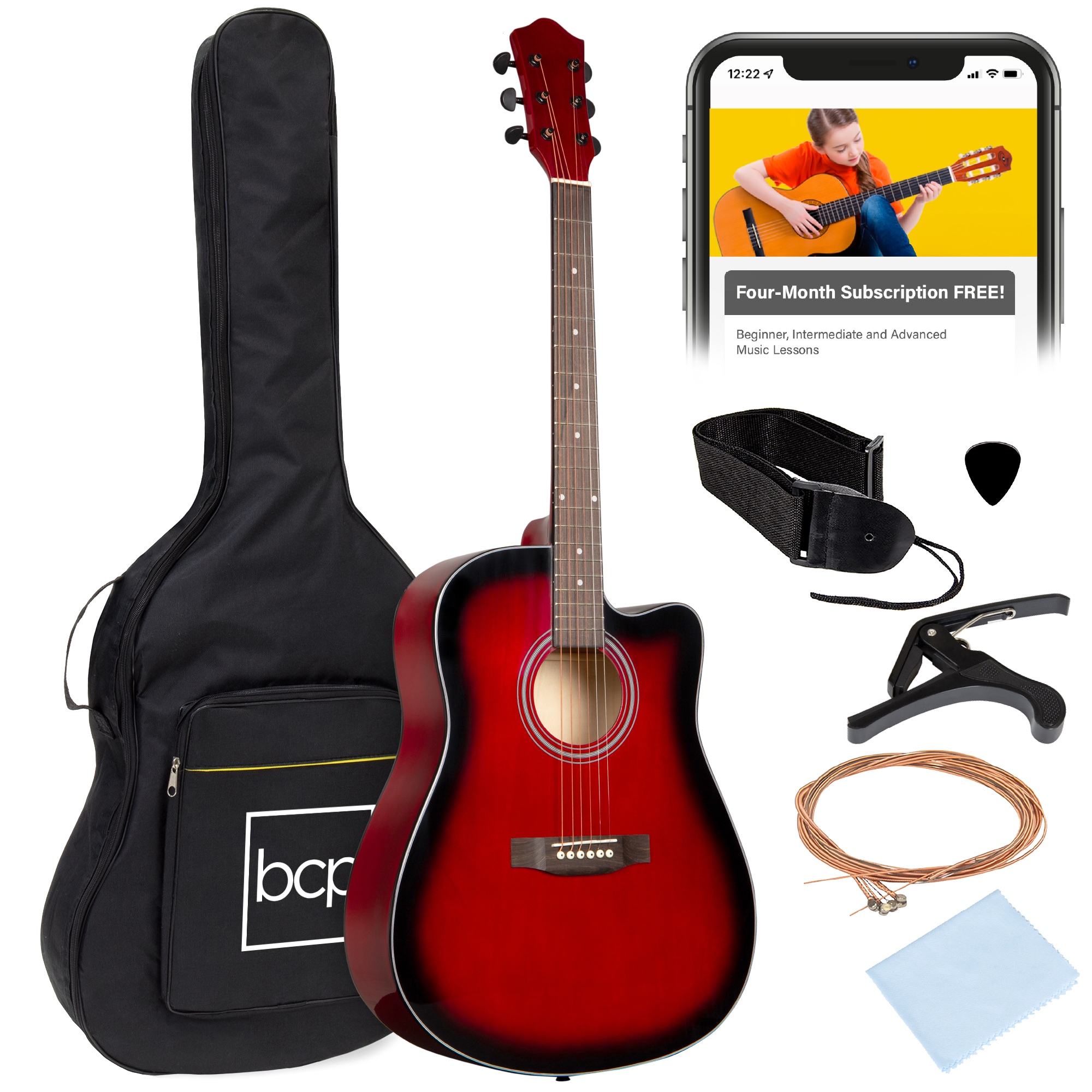 41in Full Size Beginner Acoustic Guitar Set w/ Case, Strap, Capo, Strings, Pick, Tuner - Red - Best Choice Products Online