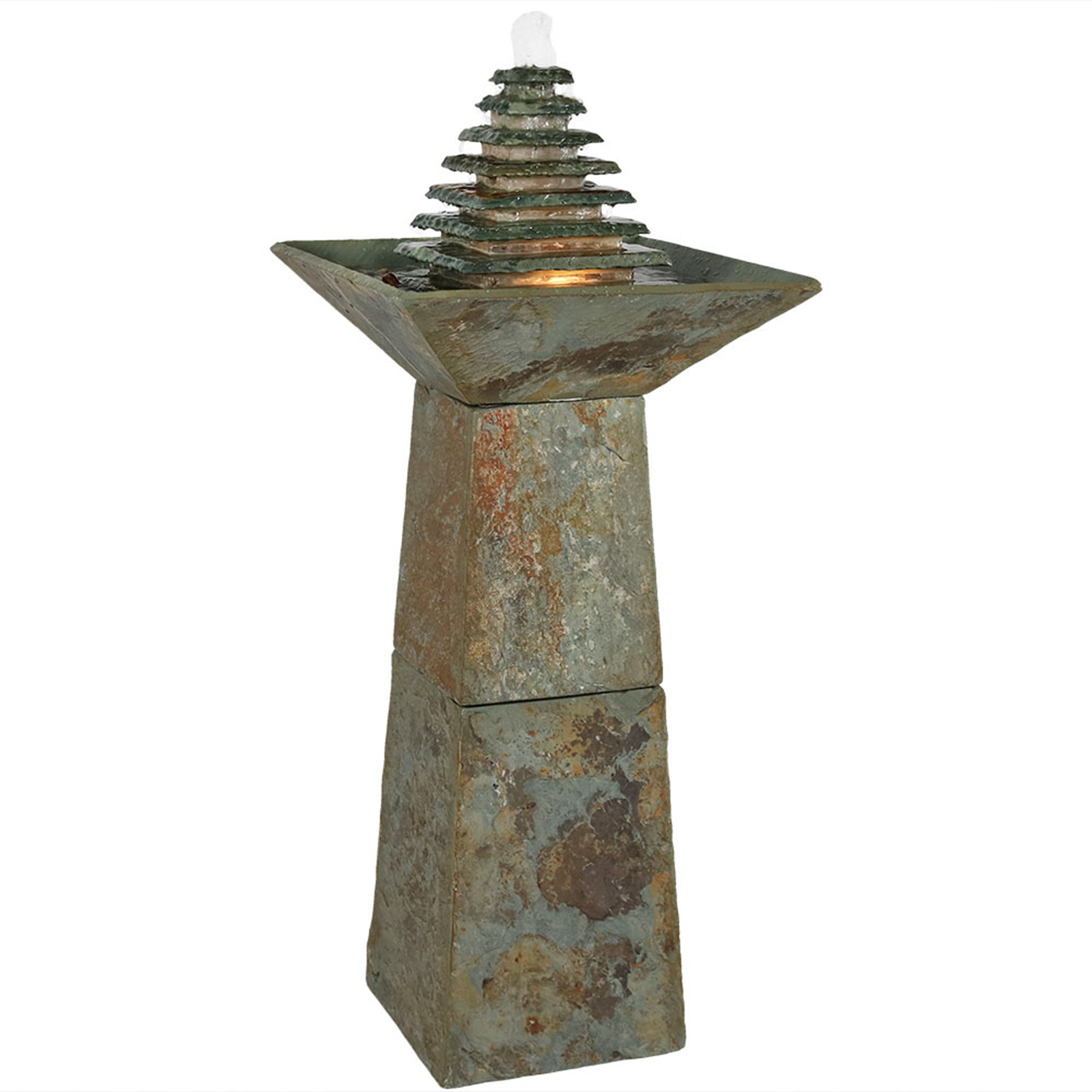 Sunnydaze Layered Slate Pyramid Outdoor Water Fountain with LED - 40 Inch