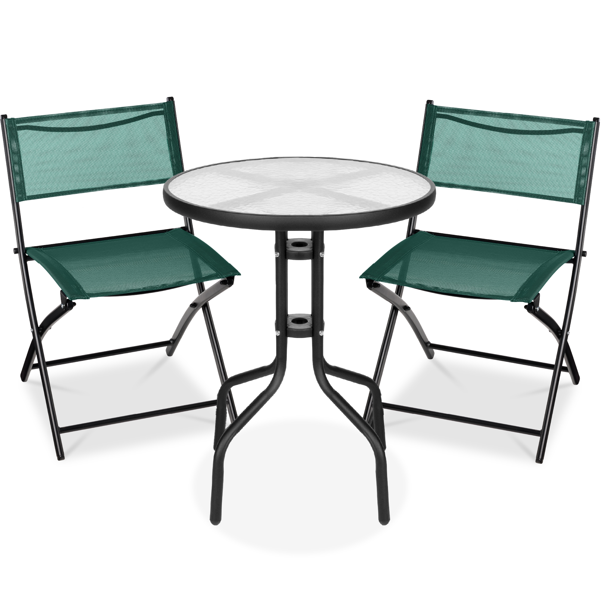3-Piece Patio Bistro Dining Furniture Set w/ Glass Tabletop, Folding Chairs - Dark Green - Best Choice Products Online