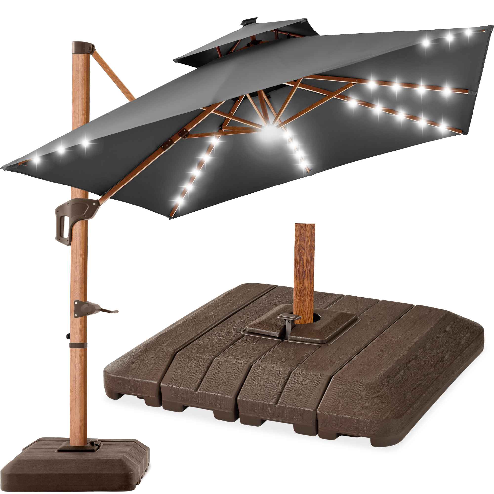 10ft Square Woodgrain Pattern 2-Tier Outdoor Solar LED Cantilever Umbrella w/ Base - Gray - Best Choice Products Online