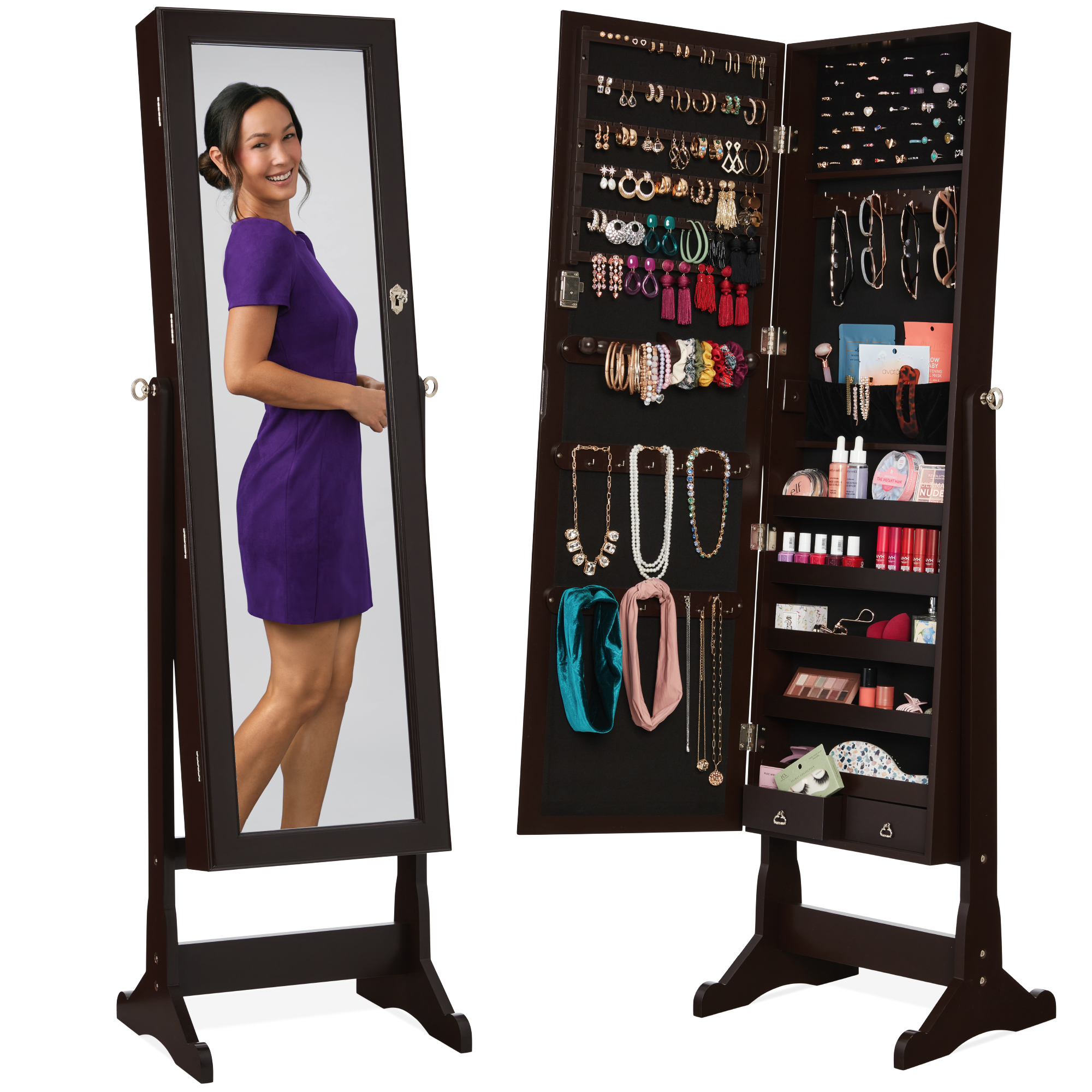 Standing Mirrored Jewelry Armoire Organizer, Lockable Full Length Storage Cabinet w/ Velvet Interior - Brown - Best Choice Products Online