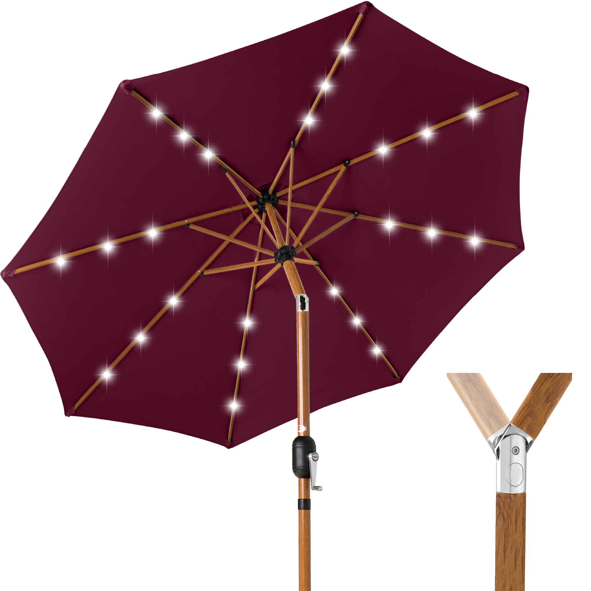 Best Choice Products 10ft Solar LED Lighted Outdoor Woodgrain Pattern Steel Market Patio Umbrella - Burgundy