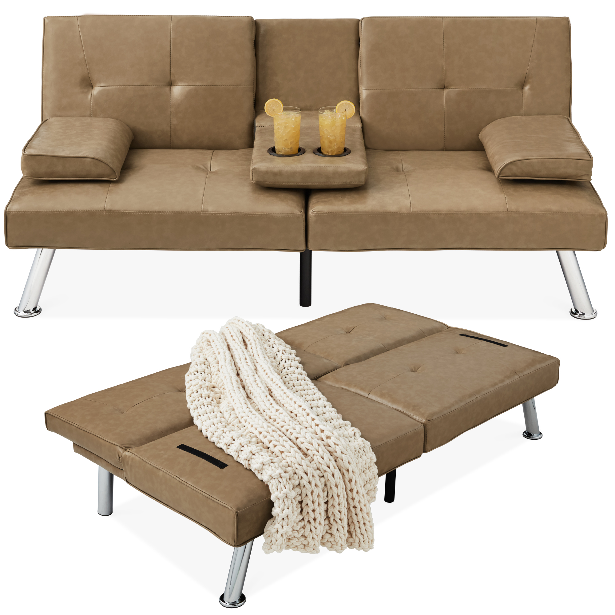 Modern Faux Leather Convertible Futon Sofa w/ Removable Armrests, 2 Cupholders - Taupe - Best Choice Products Online