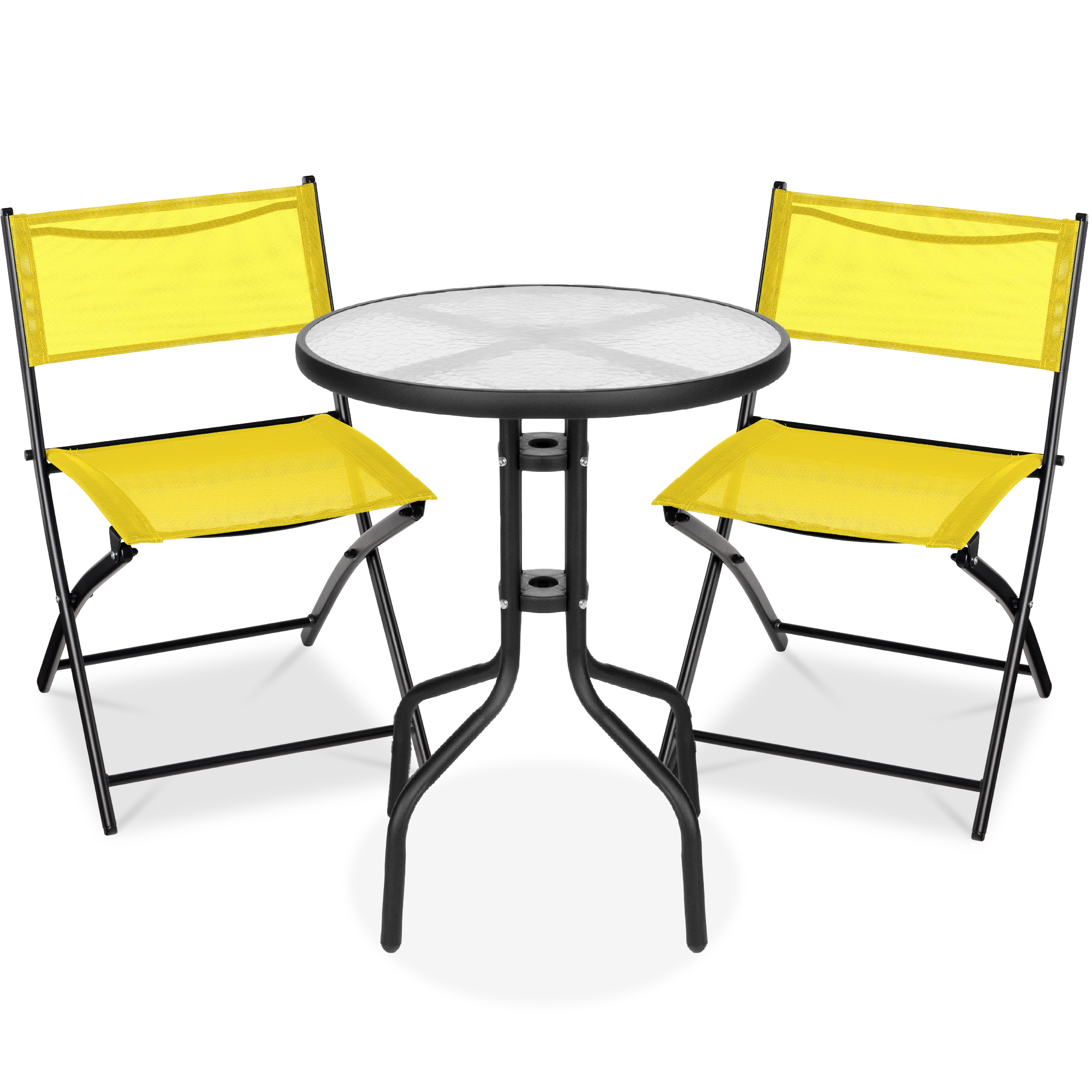 3-Piece Patio Bistro Dining Furniture Set w/ Glass Tabletop, Folding Chairs - Yellow - Best Choice Products Online