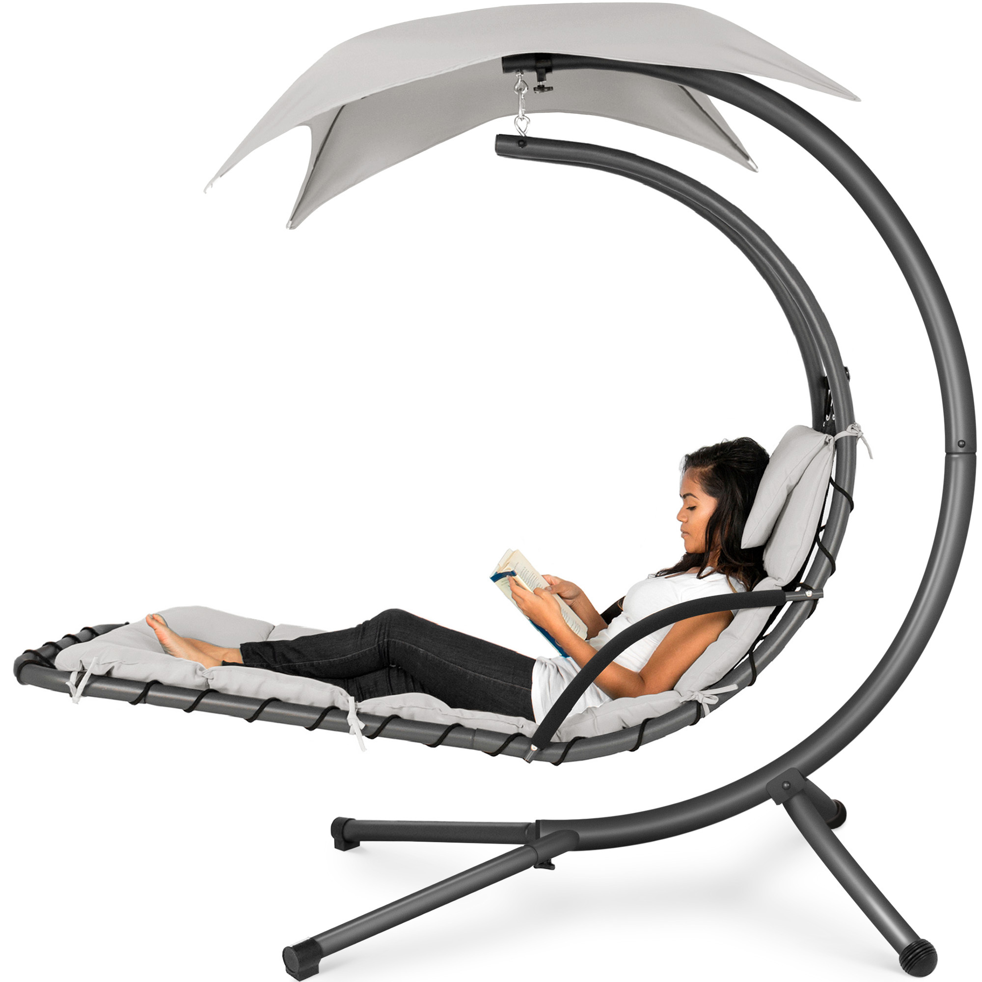 Hanging Curved Chaise Lounge Chair Swing For Backyard, Patio w/ Pillow, Canopy, Stand - White Sand - Best Choice Products Online