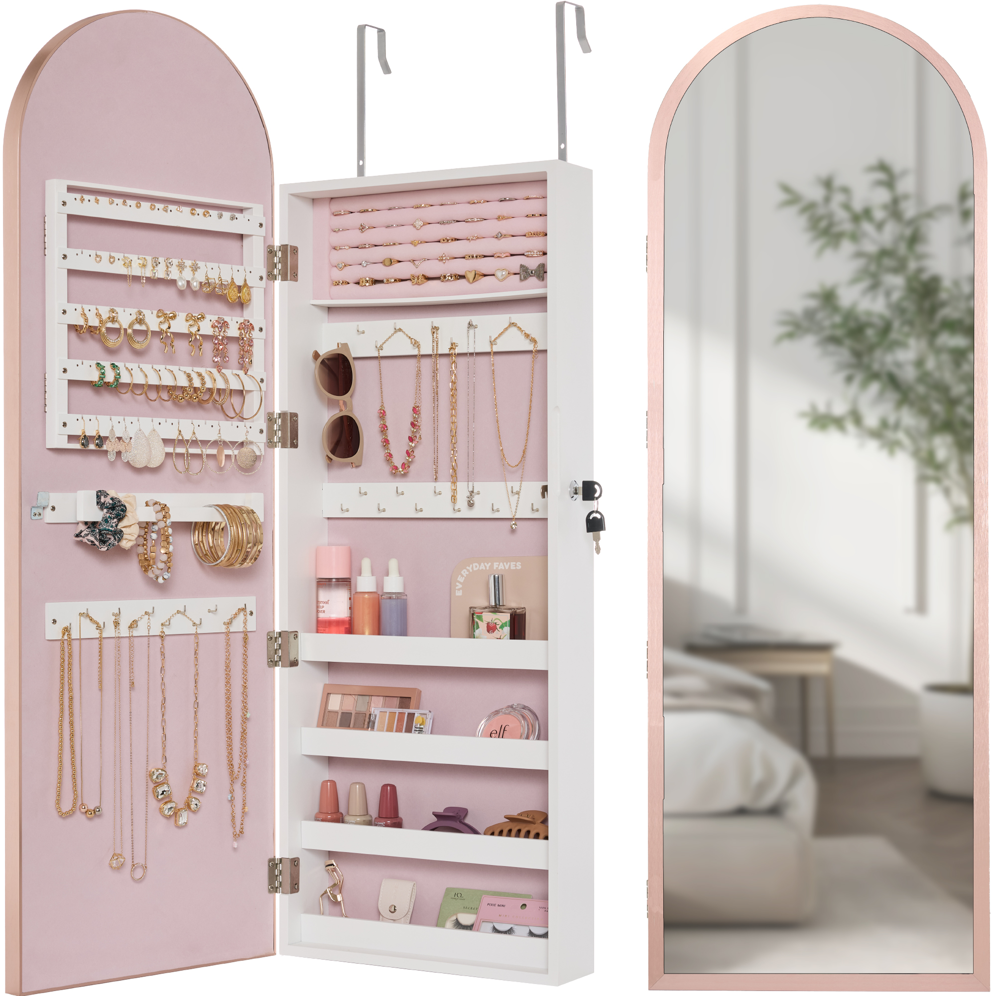 Door/Wall Mounted Arch Mirror Jewelry Armoire, w/ Metal Frame, Lockable Door - Rose Gold - Best Choice Products Online